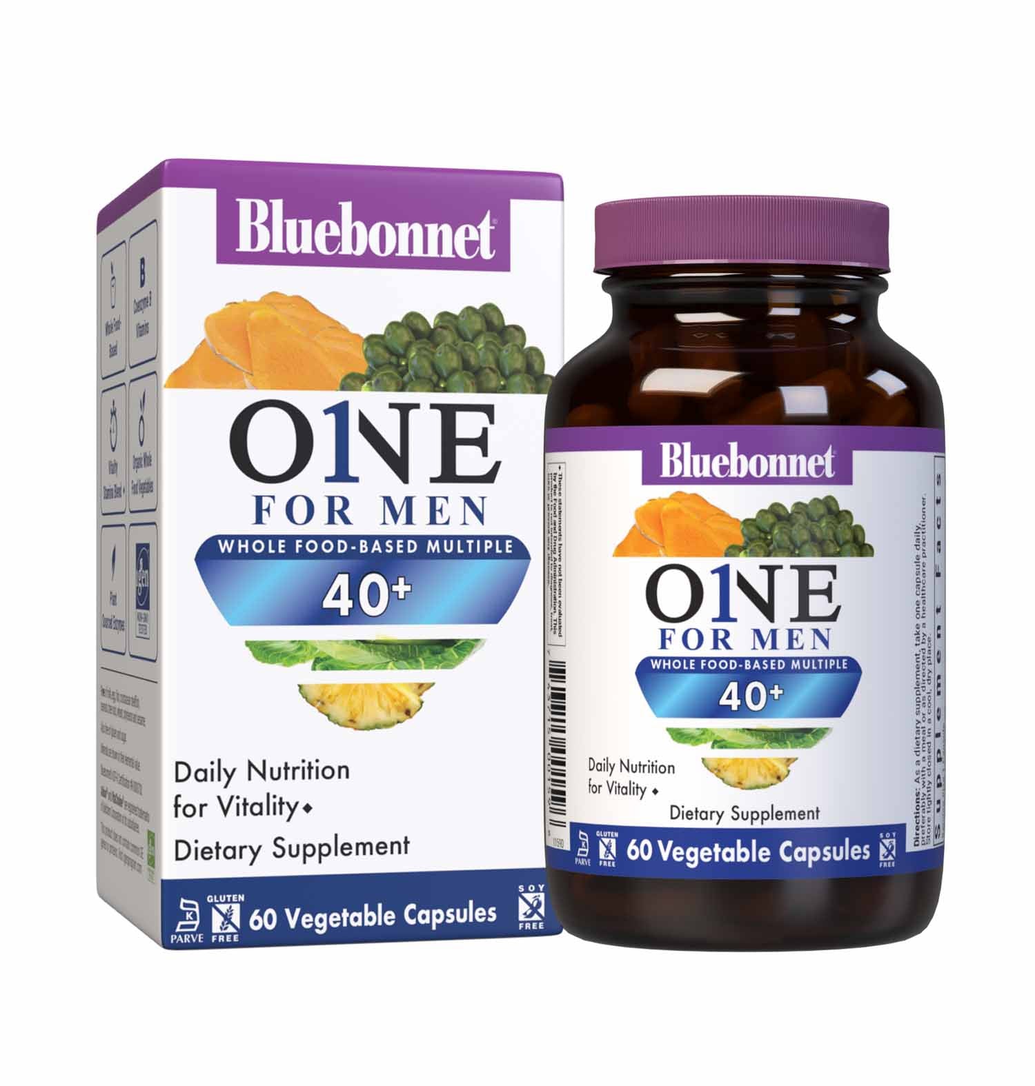 Bluebonnet’s ONE for Men 40+ Whole Food-Based Multiple 60 Vegetable Capsules are formulated for daily nutritional support and vitality for men over 40, helping to increase energy and vitality, aid joint comfort, maintain prostate health, and support heart health. Bottle with box. #size_60 count