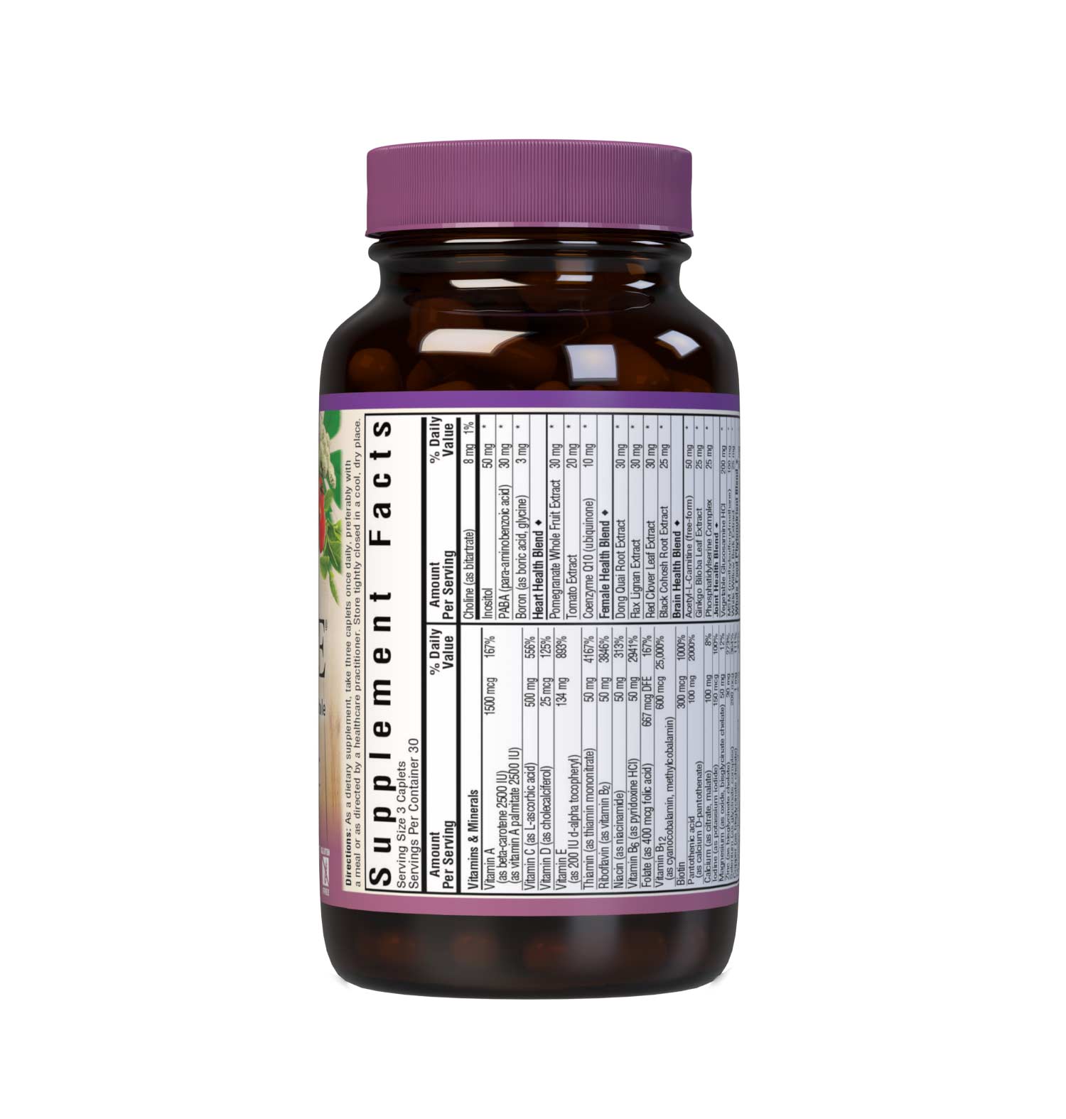 Bluebonnet’s Age-Less Choice for Women 50+ 90 Caplets are a three-a-day whole food-based multivitamin and multimineral dietary supplement designed for women 50+ and are available in easy-to-swallow caplets for maximum assimilation and absorption. Supplement facts panel. #size_90 count