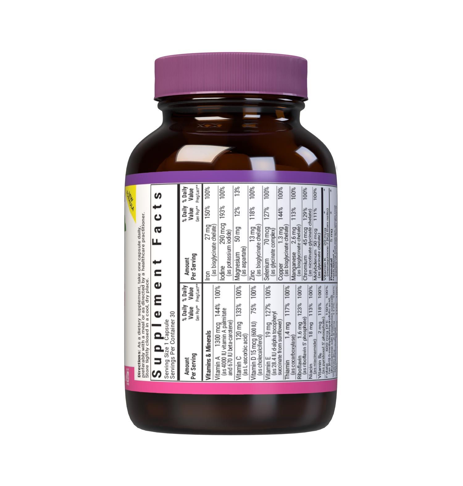 Bluebonnet's Ladies One prenatal whole food-based multiple 30 vegetable capsules is formulated with highly bioavailable non-GMO ingredients such as active coenzyme forms of B vitamins, vitamin K2, vitamin E from sunflower along with sustainably harvested and wildcrafted herbs, superfruits and vegetables. Supplement facts panel top. #size_30 count