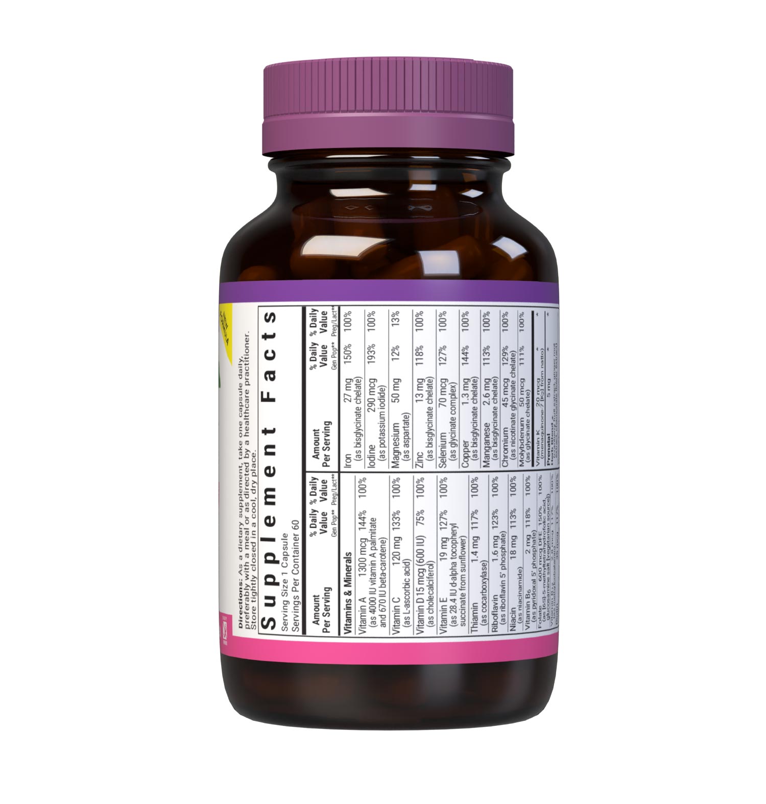 Bluebonnet's Ladies One prenatal whole food-based multiple 30 vegetable capsules is formulated with highly bioavailable non-GMO ingredients such as active coenzyme forms of B vitamins, vitamin K2, vitamin E from sunflower along with sustainably harvested and wildcrafted herbs, superfruits and vegetables. Supplement facts panel top. #size_60 count