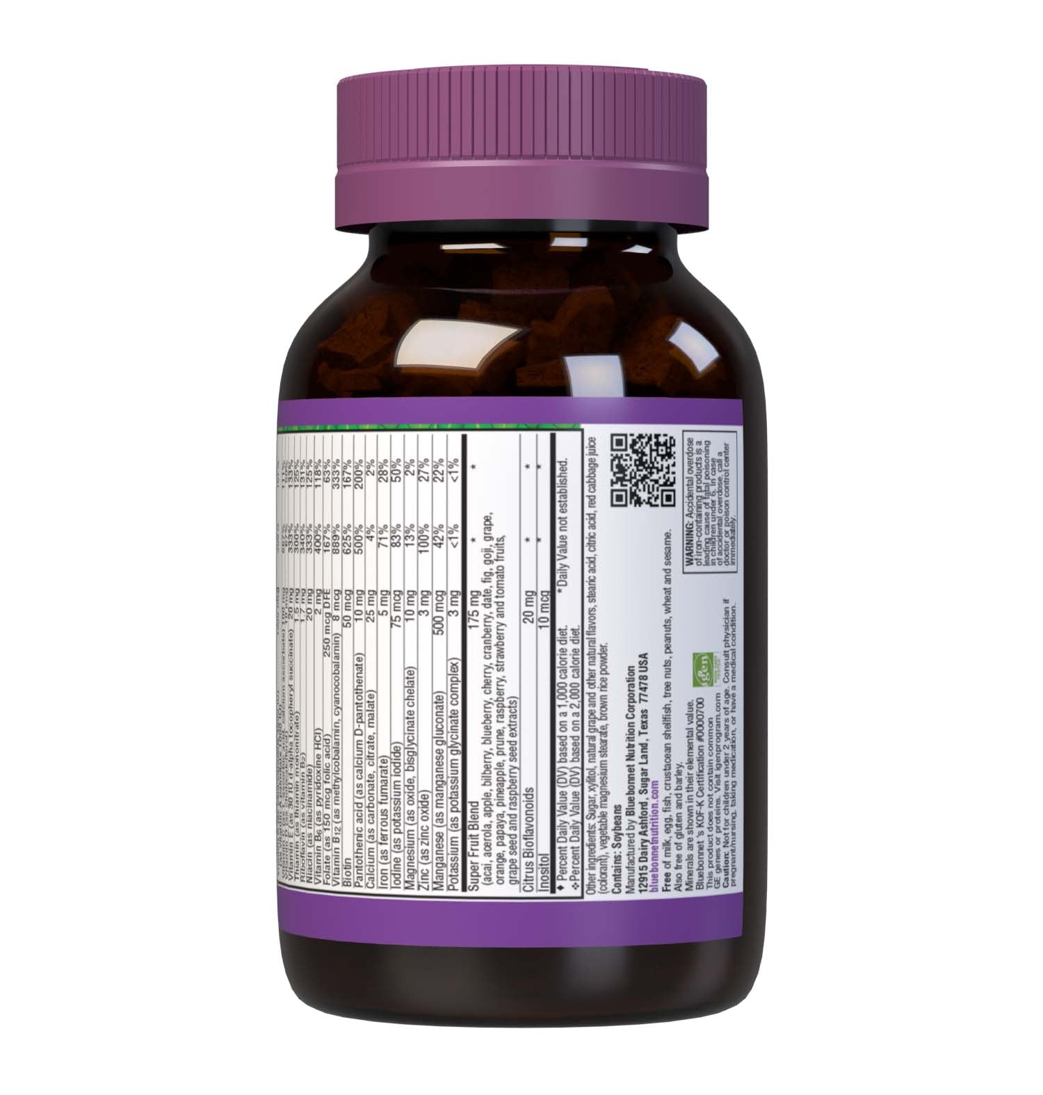 Bluebonnet Rainforest Animalz Whole Food Based Multiple 90 Animal-Shaped Chewable grape flavor tablets help bridge the nutrient gap by providing a comprehensive blend of super fruits and veggies that are rich in essential vitamins and minerals in tasty, delicious flavored chewable tablets to support their growth and developmental needs. Supplement facts panel part 2. #size_90 count