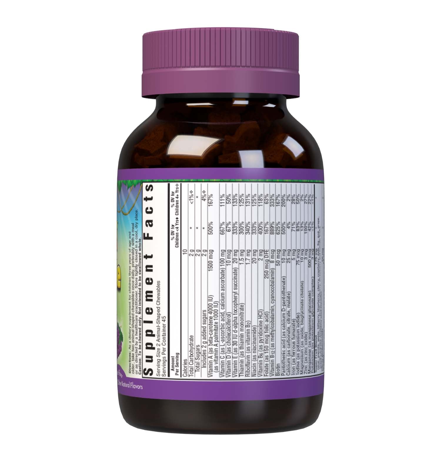 Bluebonnet Rainforest Animalz Whole Food Based Multiple 90 Animal-Shaped Chewable grape flavor tablets help bridge the nutrient gap by providing a comprehensive blend of super fruits and veggies that are rich in essential vitamins and minerals in tasty, delicious flavored chewable tablets to support their growth and developmental needs. Supplement facts panel part 1. #size_90 count