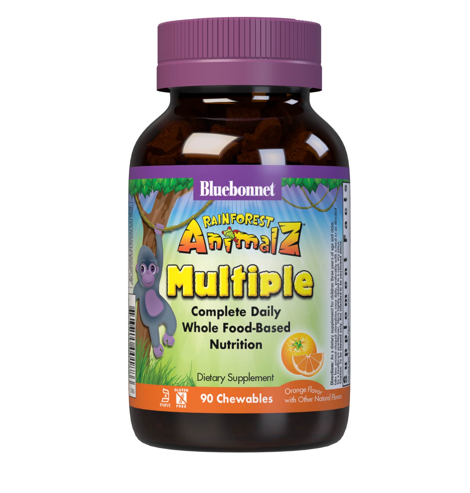 Bluebonnet Rainforest Animalz Whole Food Based Multiple 90 Animal-Shaped Chewable orange flavor tablets help bridge the nutrient gap by providing a comprehensive blend of super fruits and veggies that are rich in essential vitamins and minerals in tasty, delicious flavored chewable tablets to support their growth and developmental needs. #size_90 count