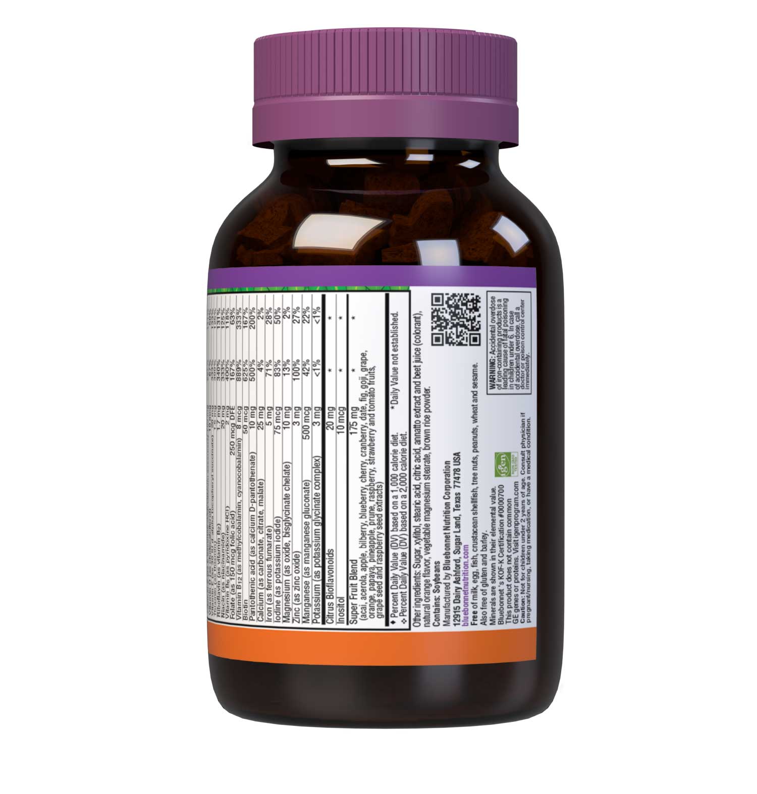 Bluebonnet Rainforest Animalz Whole Food Based Multiple 90 Animal-Shaped Chewable orange flavor tablets help bridge the nutrient gap by providing a comprehensive blend of super fruits and veggies that are rich in essential vitamins and minerals in tasty, delicious flavored chewable tablets to support their growth and developmental needs. Supplement facts panel part 2. #size_90 count