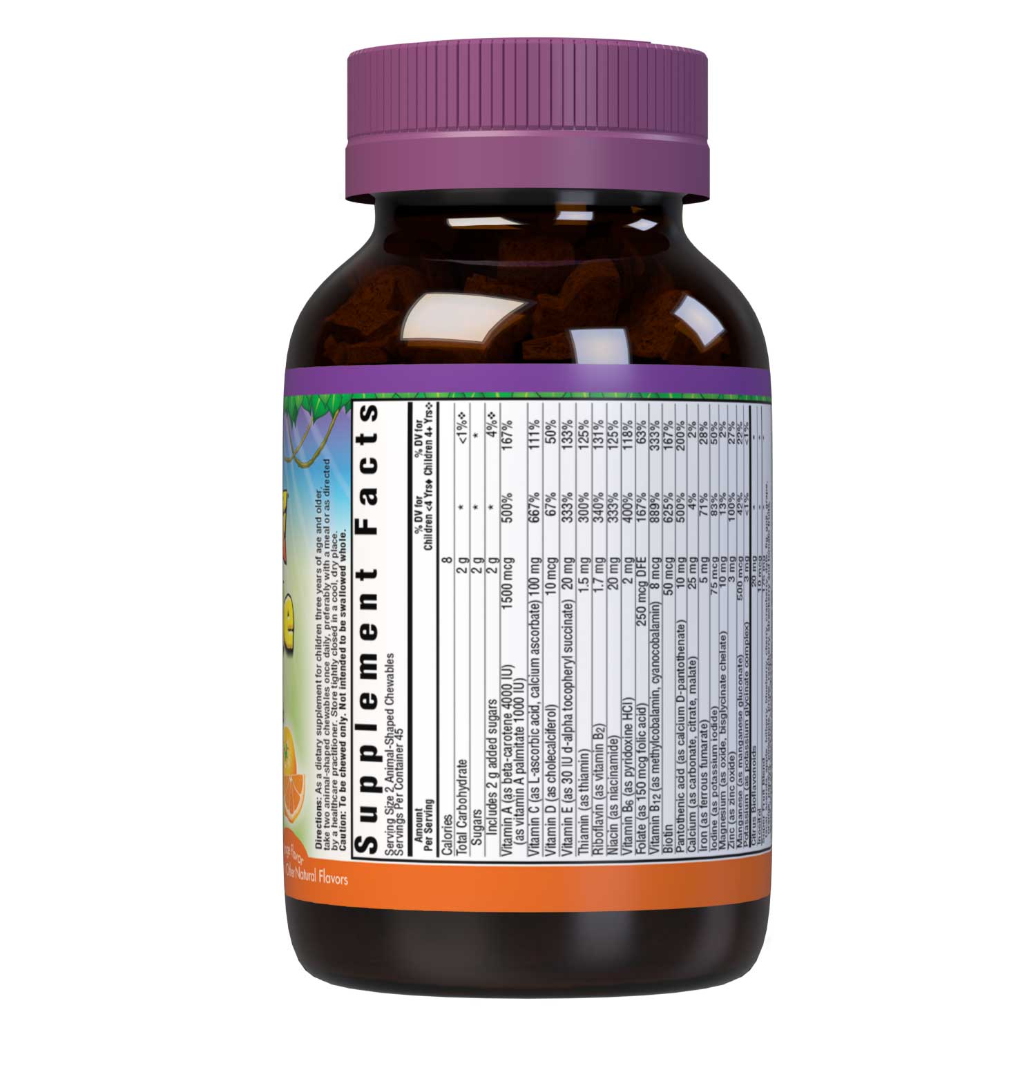  Bluebonnet Rainforest Animalz Whole Food Based Multiple 90 Animal-Shaped Chewable orange flavor tablets help bridge the nutrient gap by providing a comprehensive blend of super fruits and veggies that are rich in essential vitamins and minerals in tasty, delicious flavored chewable tablets to support their growth and developmental needs. Supplement facts panel. #size_90 count