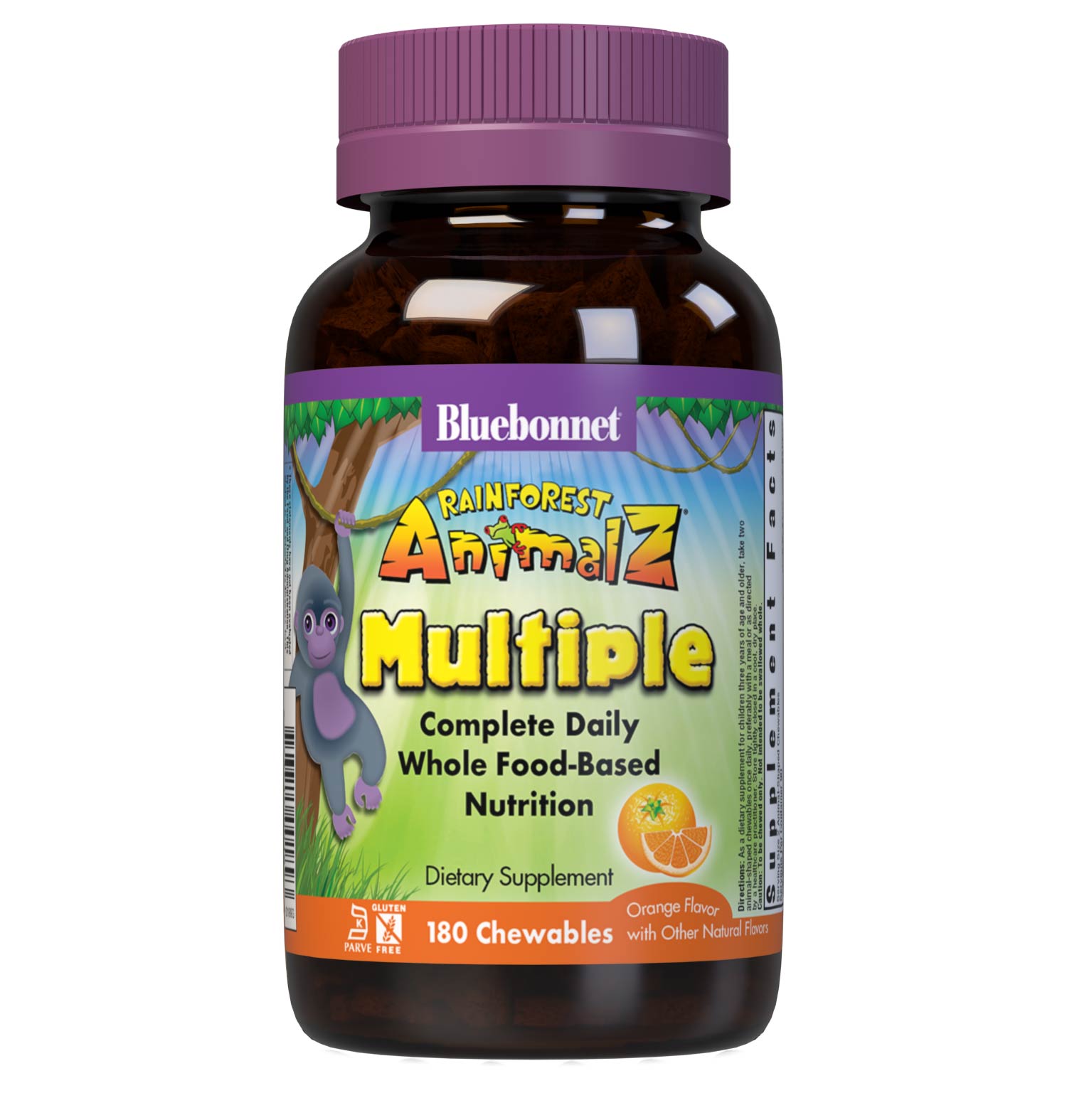 Bluebonnet Rainforest Animalz Whole Food Based Multiple 180 Animal-Shaped Chewable orange flavor tablets help bridge the nutrient gap by providing a comprehensive blend of super fruits and veggies that are rich in essential vitamins and minerals in tasty, delicious flavored chewable tablets to support their growth and developmental needs.  #size_180 count