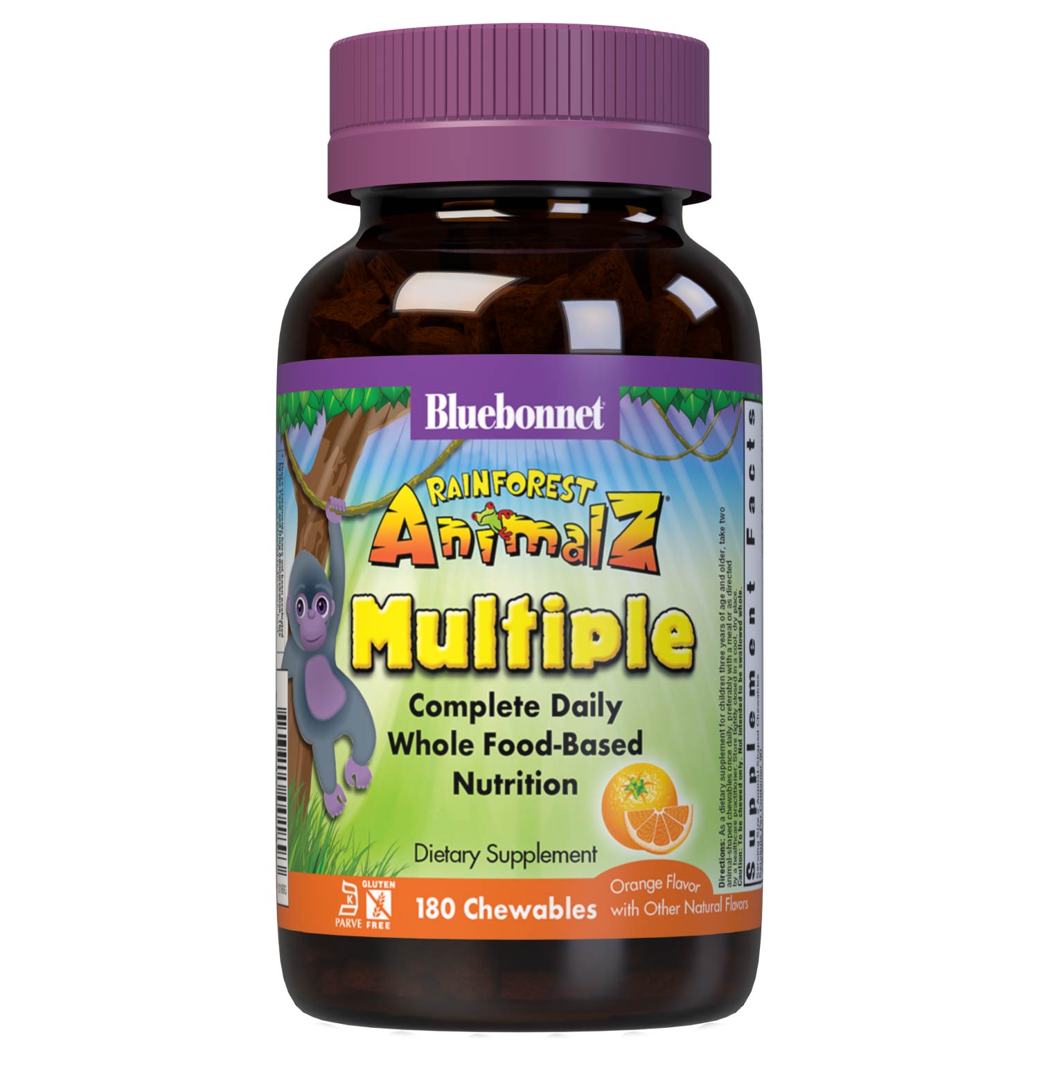 Bluebonnet Rainforest Animalz Whole Food Based Multiple 180 Animal-Shaped Chewable orange flavor tablets help bridge the nutrient gap by providing a comprehensive blend of super fruits and veggies that are rich in essential vitamins and minerals in tasty, delicious flavored chewable tablets to support their growth and developmental needs. #size_180 count