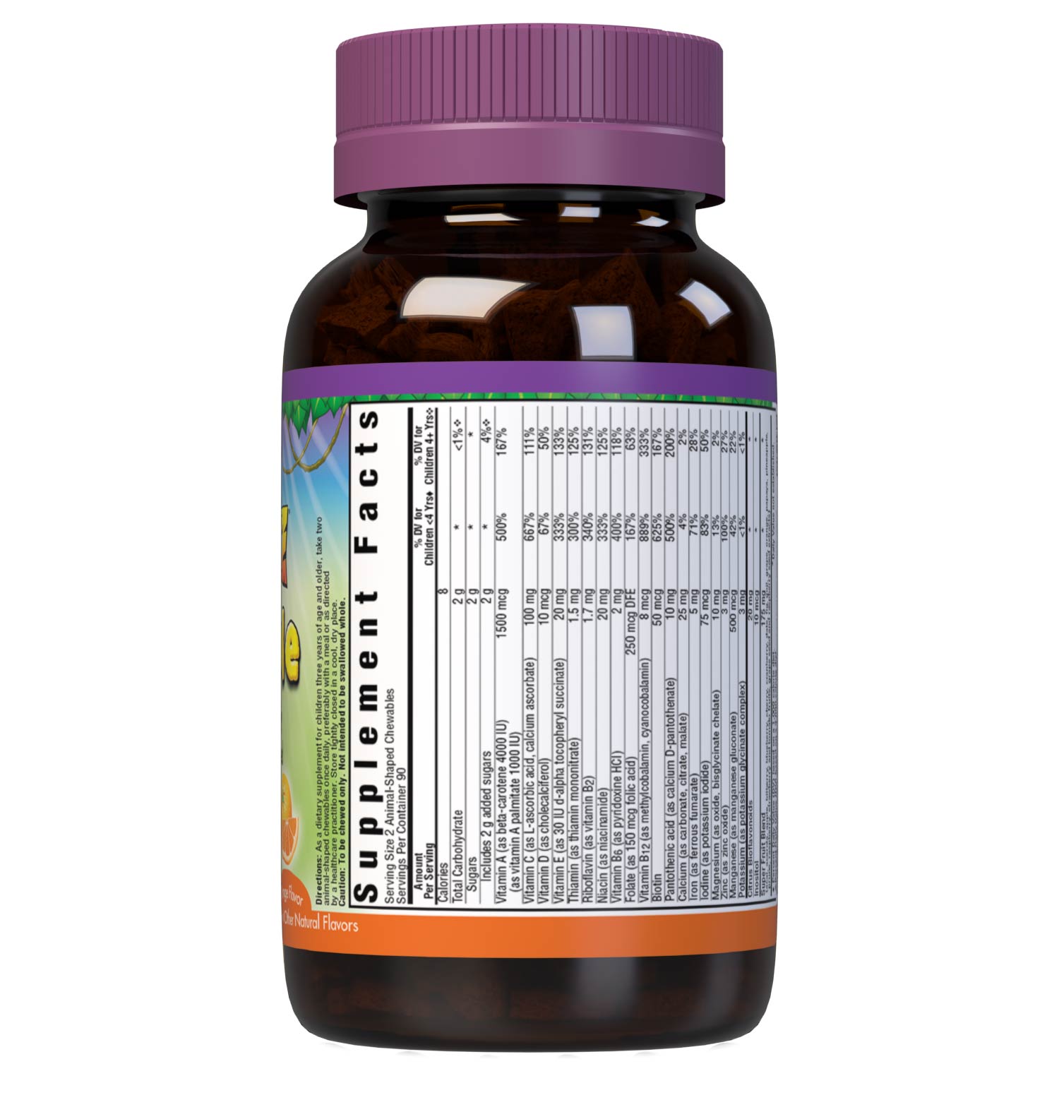 Bluebonnet Rainforest Animalz Whole Food Based Multiple 180 Animal-Shaped Chewable orange flavor tablets help bridge the nutrient gap by providing a comprehensive blend of super fruits and veggies that are rich in essential vitamins and minerals in tasty, delicious flavored chewable tablets to support their growth and developmental needs. Supplement facts panel. #size_180 count