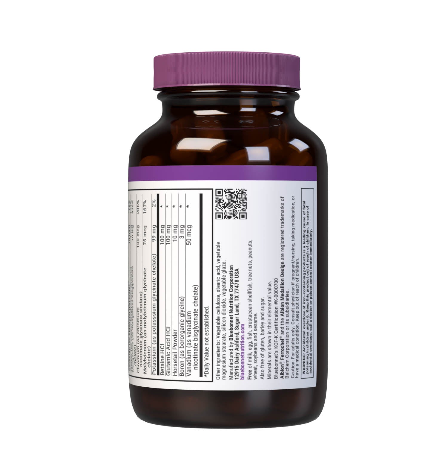 Bluebonnet’s Albion Chelated Multiminerals 60 Caplets are formulated with a fully reacted amino acid chelate multimineral supplement formulated with iron and advanced chelating agents, including: malates, citrates and glycinates. Supplement facts panel, bottom part. #size_60 count