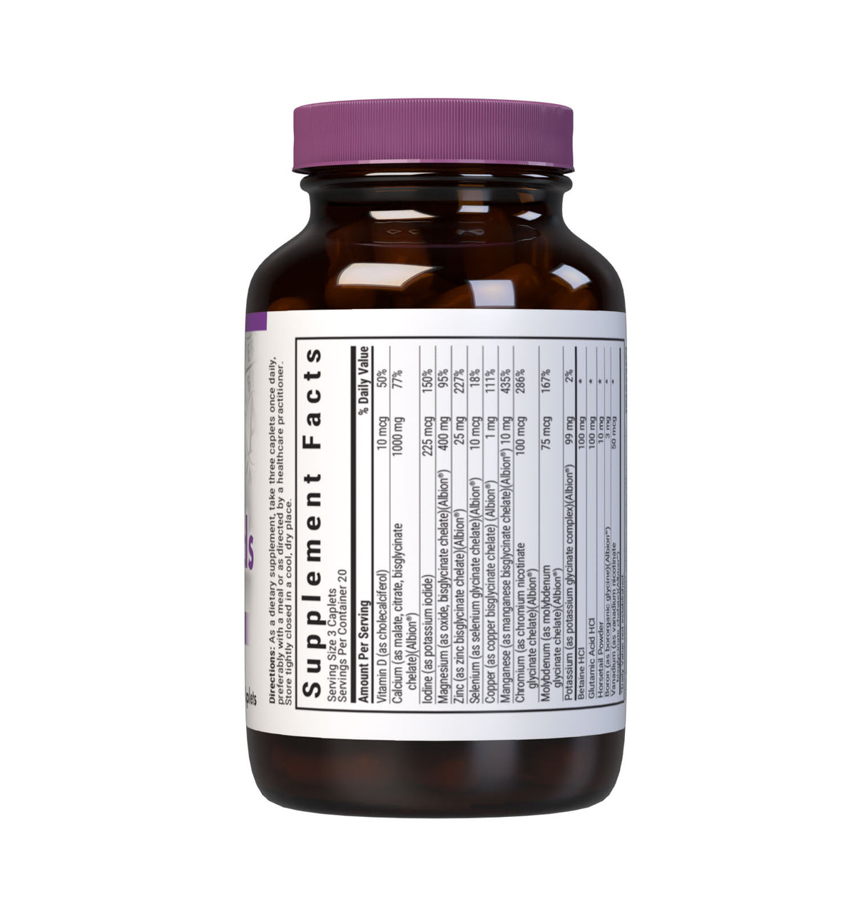 Bluebonnet’s Albion Chelated Multiminerals 60 Caplets (Iron-Free) are formulated with a fully reacted amino acid chelate multimineral supplement formulated with iron and advanced chelating agents, including: malates, citrates and glycinates. Supplement facts panel top. #size_60 count