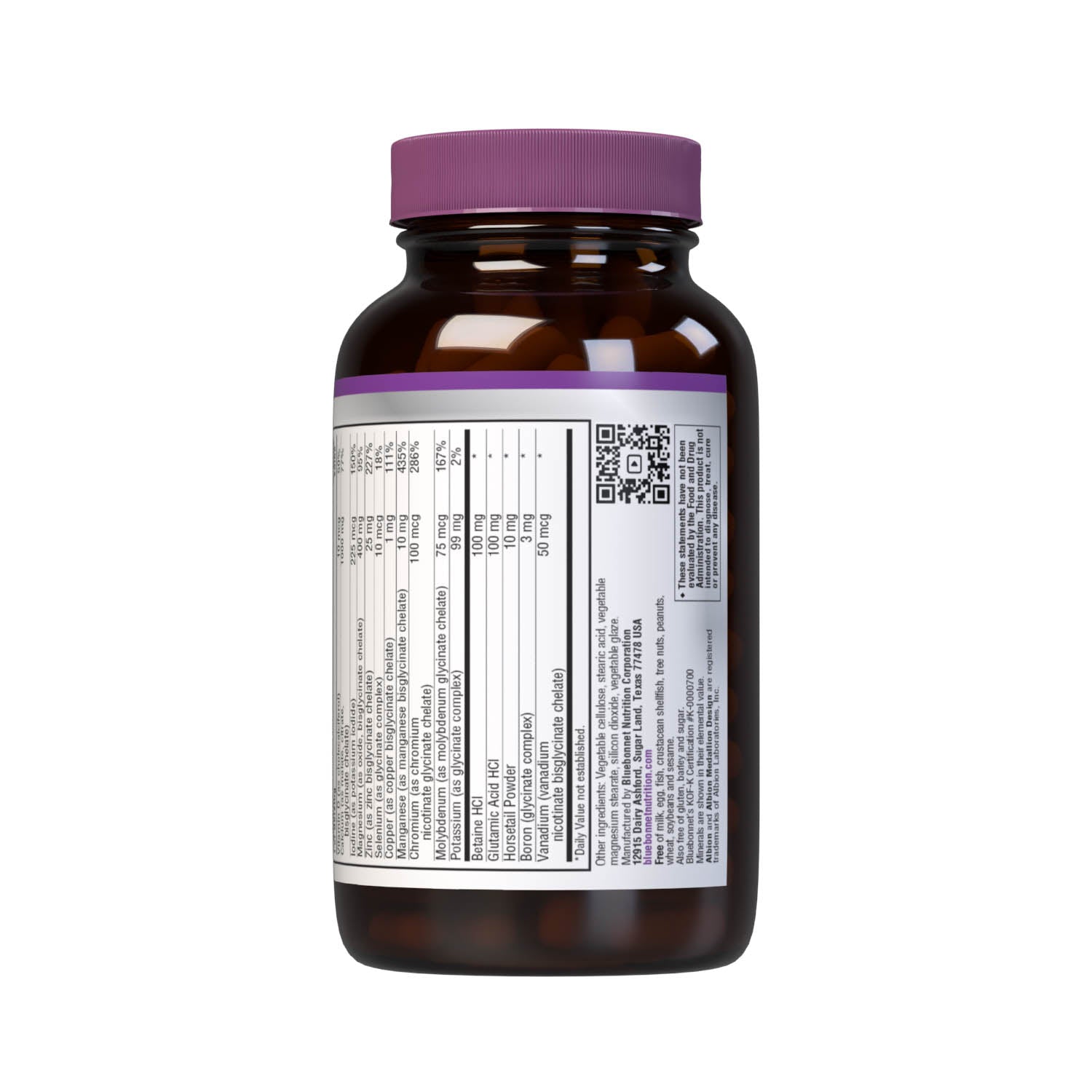 Bluebonnet’s Albion Chelated Multiminerals 120 Caplets (Iron-Free) are formulated with a fully reacted amino acid chelate multimineral supplement formulated with iron and advanced chelating agents, including: malates, citrates and glycinates. Description panel. #size_120 count