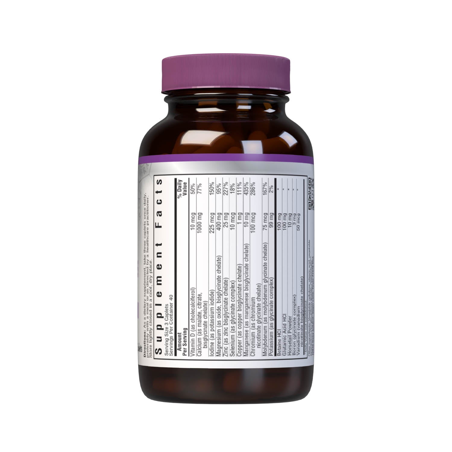 Bluebonnet’s Albion Chelated Multiminerals 120 Caplets (Iron-Free) are formulated with a fully reacted amino acid chelate multimineral supplement formulated with iron and advanced chelating agents, including: malates, citrates and glycinates. Supplement facts panel. #size_120 count