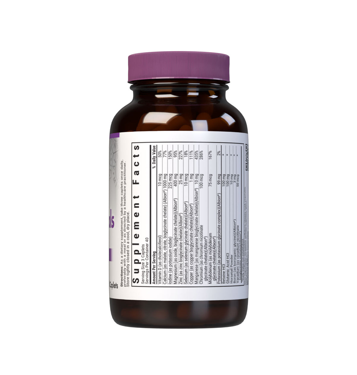 Bluebonnet’s Albion Chelated Multiminerals 120 Caplets (Iron-Free) are formulated with a fully reacted amino acid chelate multimineral supplement formulated with iron and advanced chelating agents, including: malates, citrates and glycinates. Supplement facts panel top part. #size_120 count