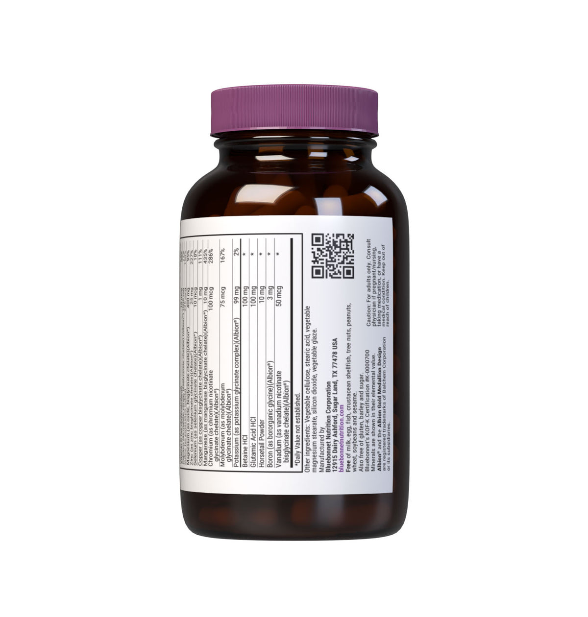Bluebonnet’s Albion Chelated Multiminerals 120 Caplets (Iron-Free) are formulated with a fully reacted amino acid chelate multimineral supplement formulated with iron and advanced chelating agents, including: malates, citrates and glycinates. Supplement facts panel bottom part. #size_120 count