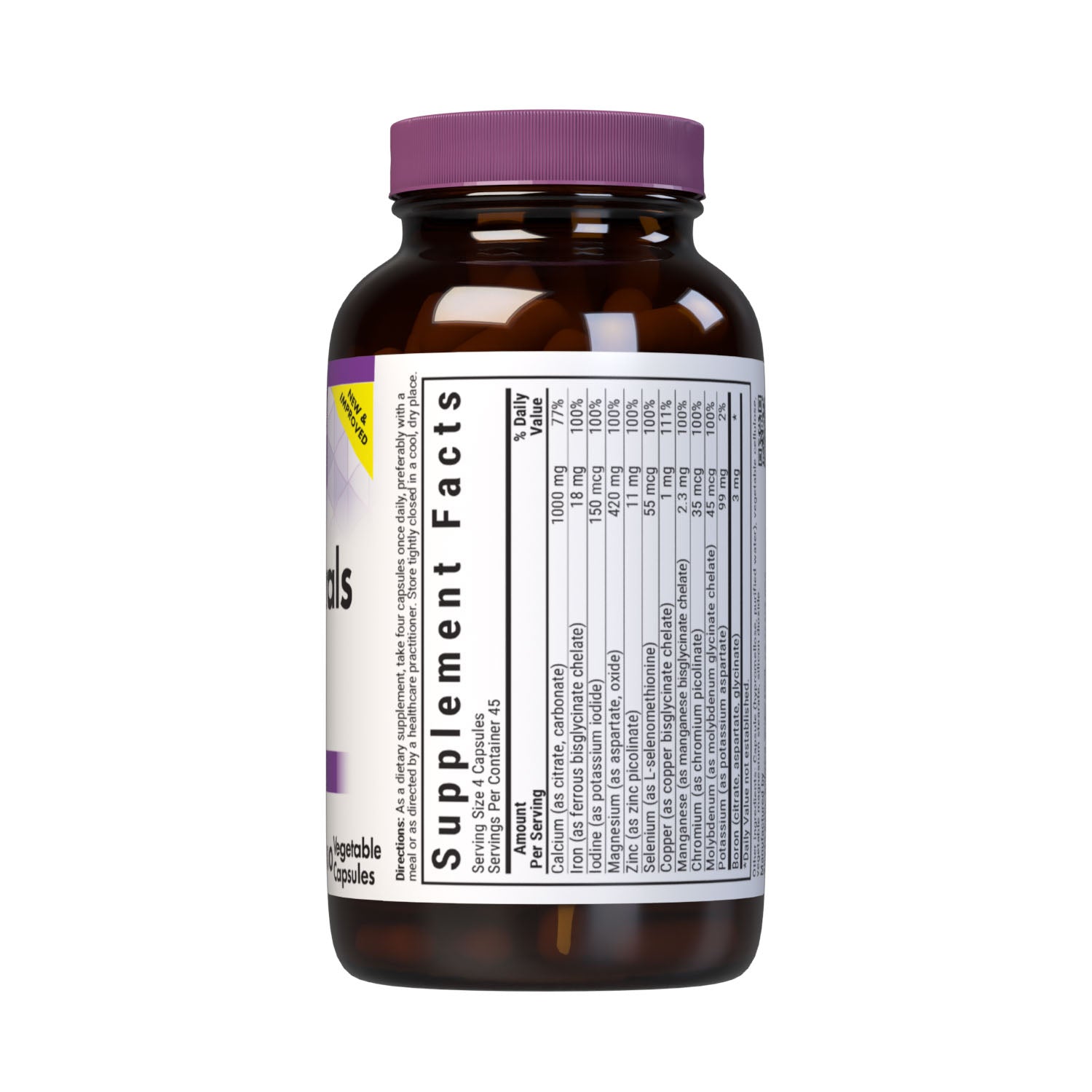 Multiminerals and Boron 180 vegetable capsules (with iron). Full spectrum dietary supplement. Supplement facts panel top. #size_180 count