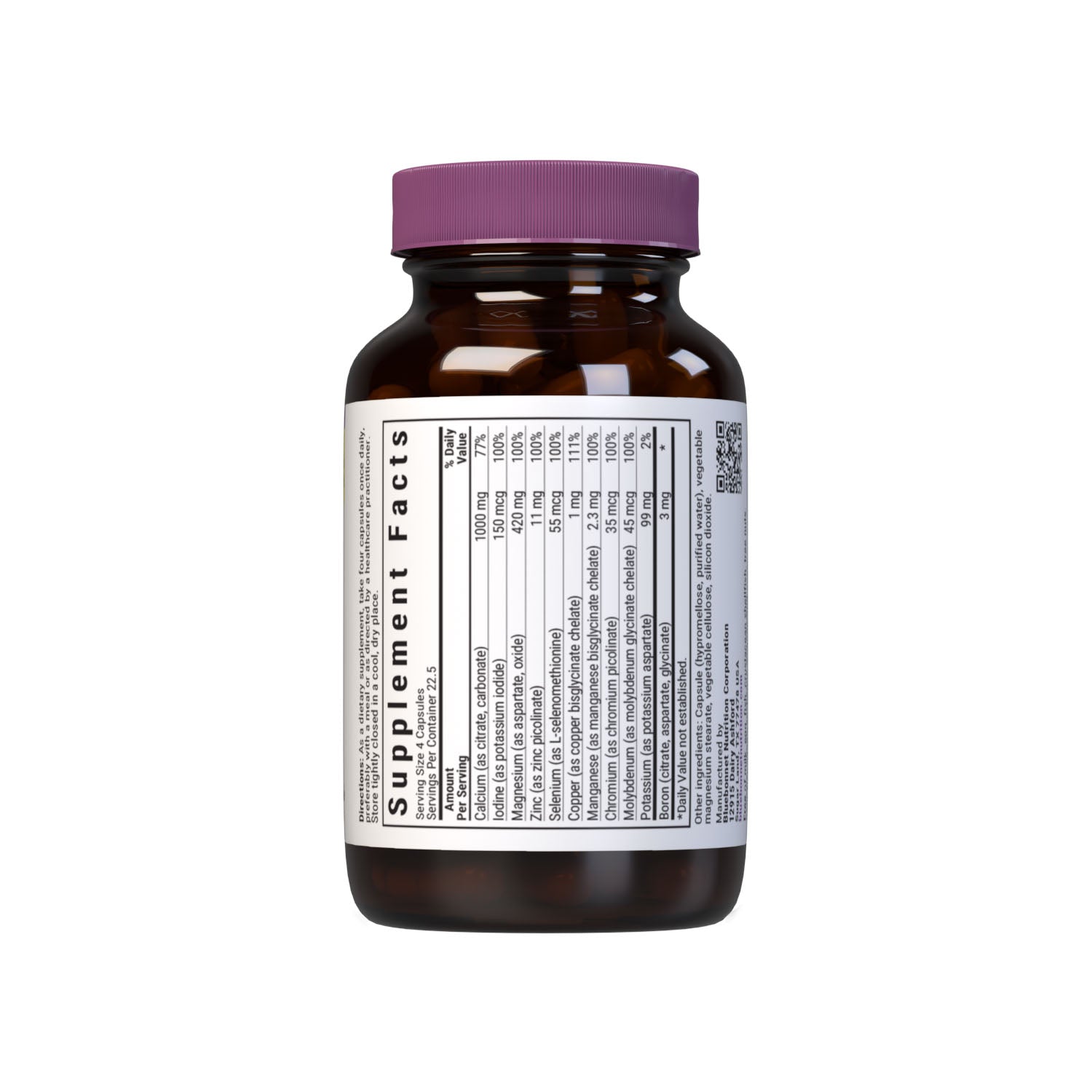 Bluebonnet’s Iron-Free Multiminerals & Boron (iron-free) 90 Vegetable Capsules are formulated with advanced chelating agents, including: aspartates, citrates, picolinates and histidinates for bone support. Supplement facts panel. #size_90 count