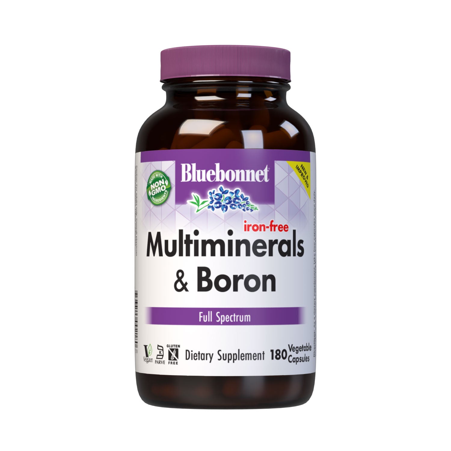 Bluebonnet’s Iron-Free Multiminerals & Boron (iron-free) 180 Vegetable Capsules are formulated with advanced chelating agents, including: aspartates, citrates, picolinates and histidinates for bone health. #size_180 count