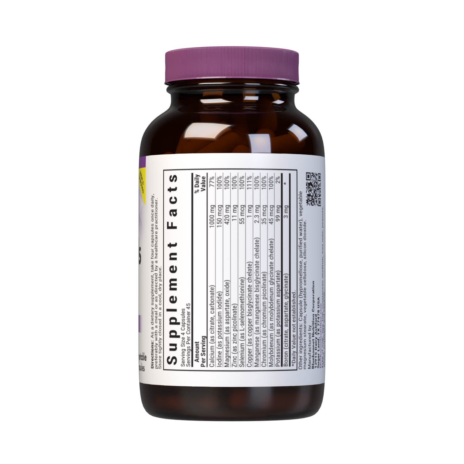 Bluebonnet’s Iron-Free Multiminerals & Boron (iron-free) 180 Vegetable Capsules are formulated with advanced chelating agents, including: aspartates, citrates, picolinates and histidinates for bone support. Supplement facts panel. #size_180 count