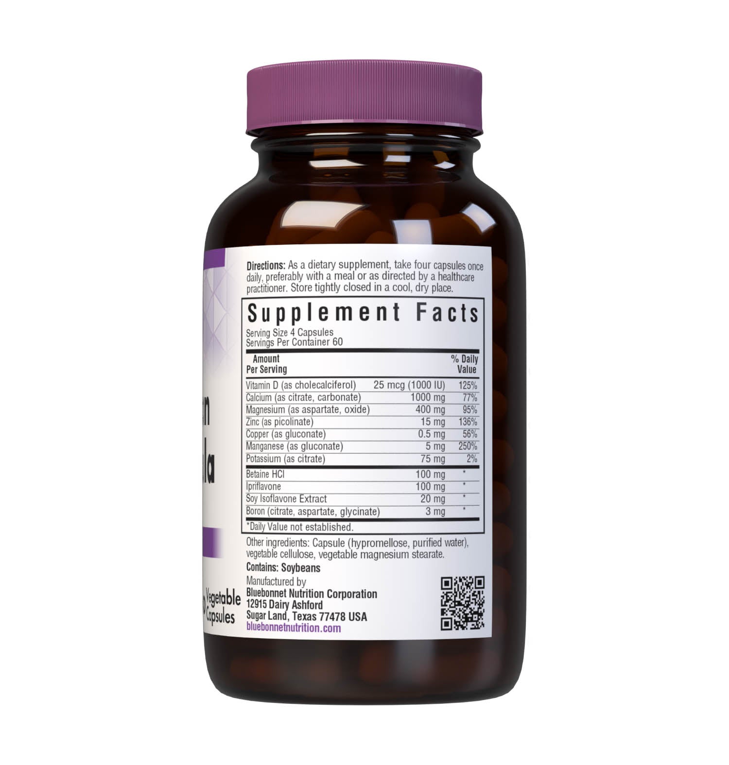 Bluebonnet’s Super Boron Bone Formula 240 Vegetable Capsules are formulated with a special blend of calcium, magnesium, potassium, zinc, vitamin D3 and the trace minerals copper. Also formulated with at supplies the soy isoflavones Genistein, Genistein, Daidzein, Daidzin, Glycitein and Glycitin. Supplement facts panel. #size_240 count