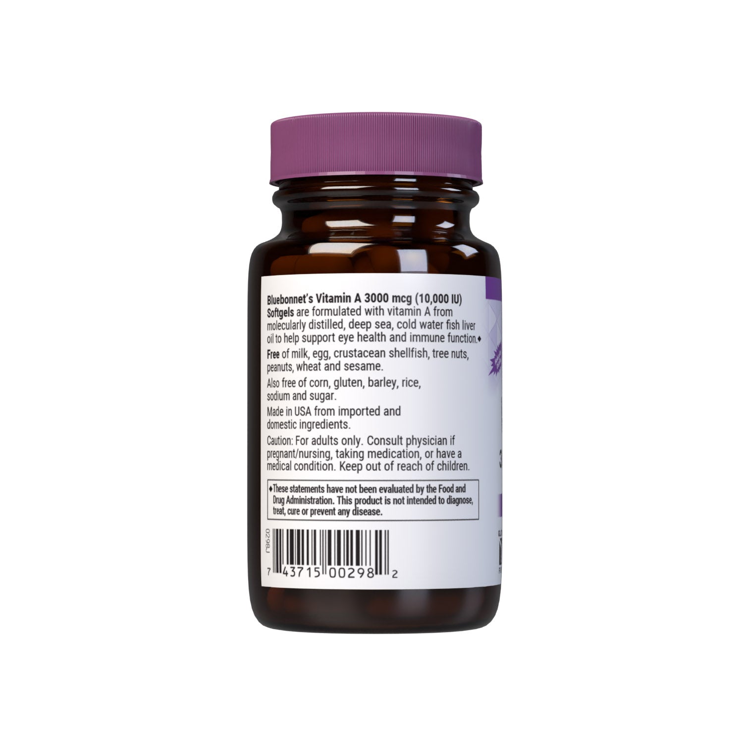 Bluebonnet’s Vitamin A 3000 mcg (10,000 IU) 100 Softgels are formulated with vitamin A that supports eye health and immune function, and is derived from deep sea, cold water, fish liver oil and are molecularly distilled. Description panel. #size_100 count