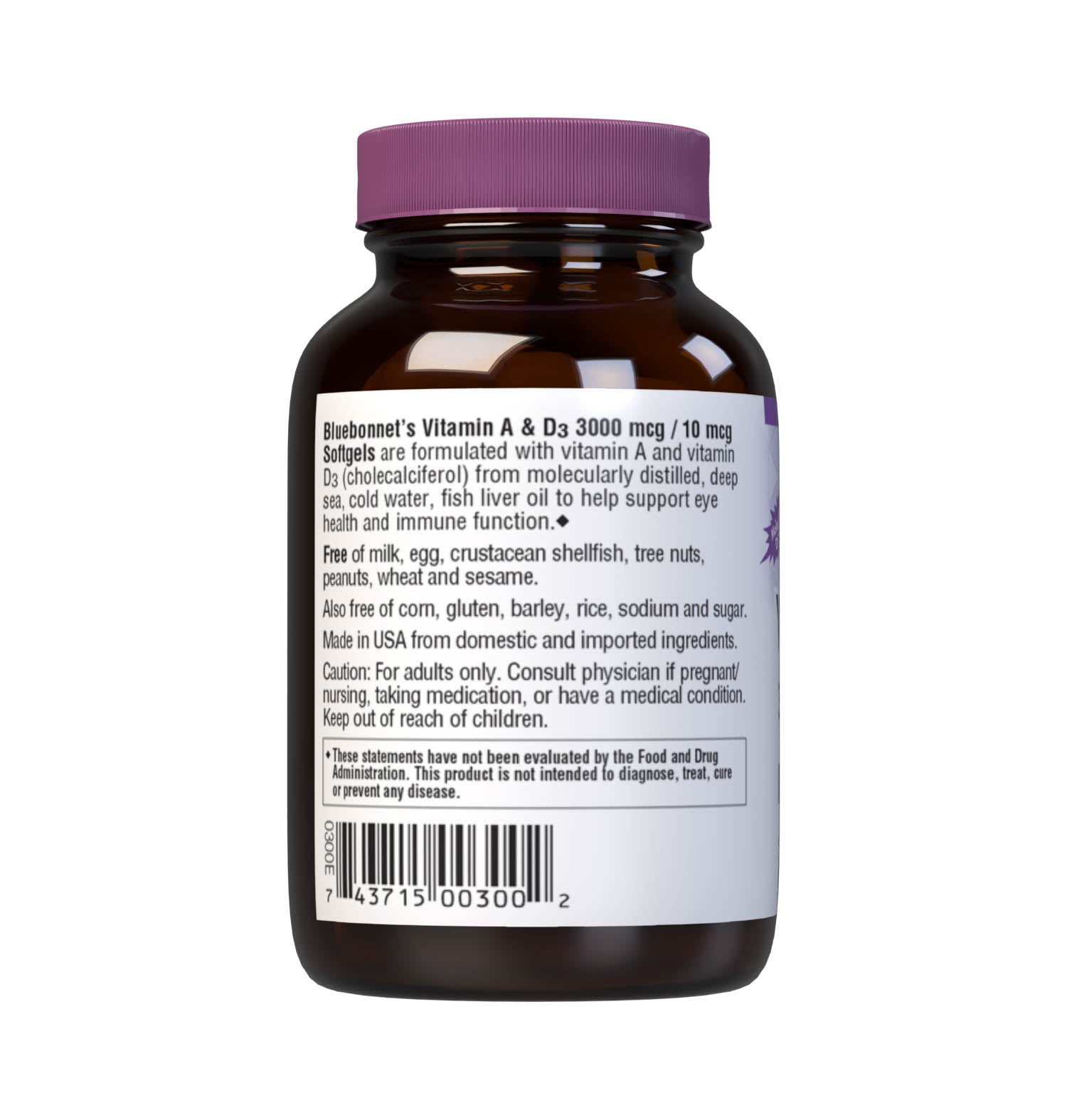 Bluebonnet’s Vitamin A & D3 100 Softgels are formulated with vitamin A and vitamin D3 (cholecalciferol) that supports eye health and immune function from deep sea, cold water, fish liver oil and are molecularly distilled. Description panel. #size_100 count