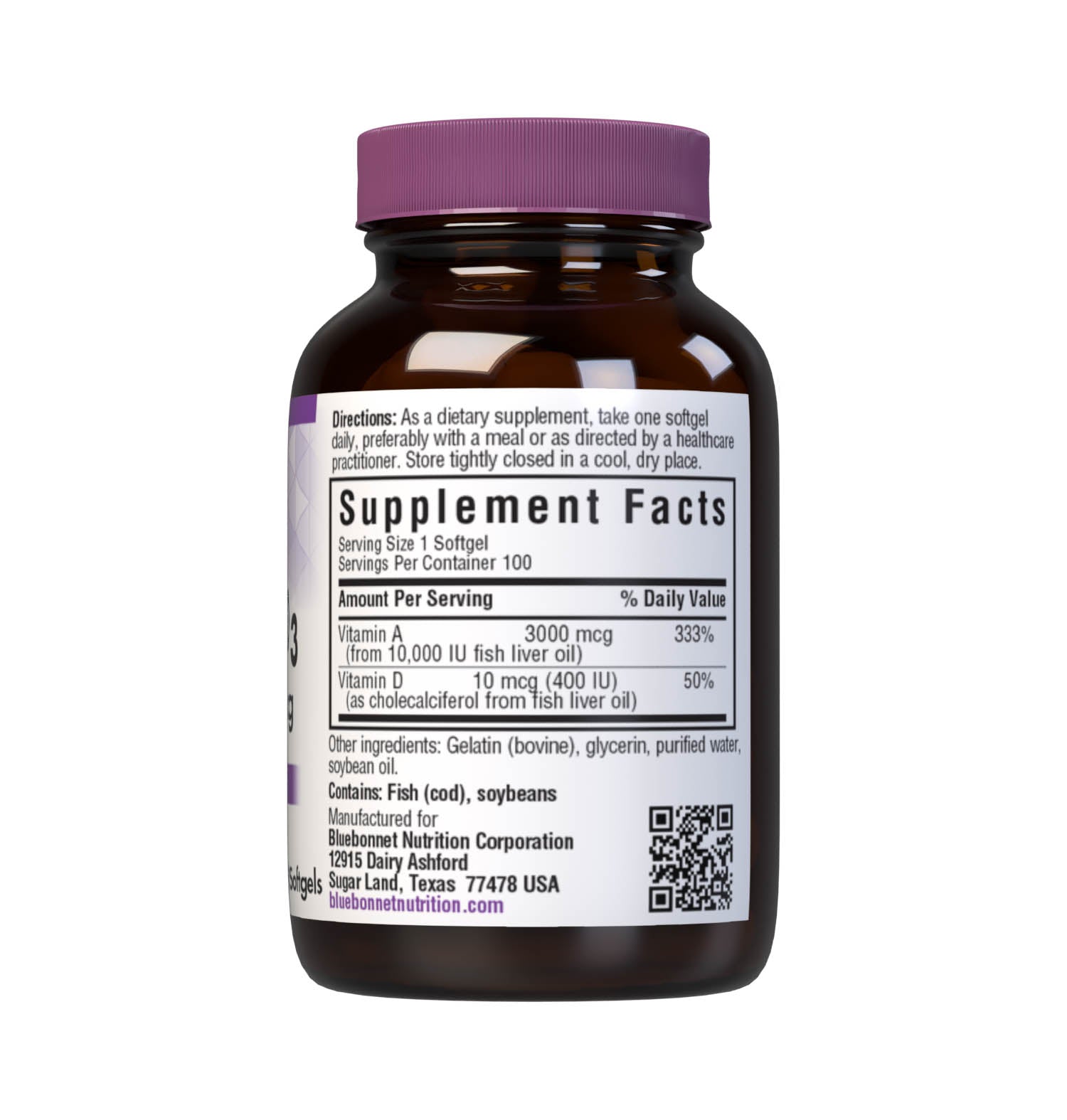 Bluebonnet’s Vitamin A & D3 100 Softgels are formulated with vitamin A and vitamin D3 (cholecalciferol) that supports eye health and immune function from deep sea, cold water, fish liver oil and are molecularly distilled. Supplement facts panel. #size_100 count