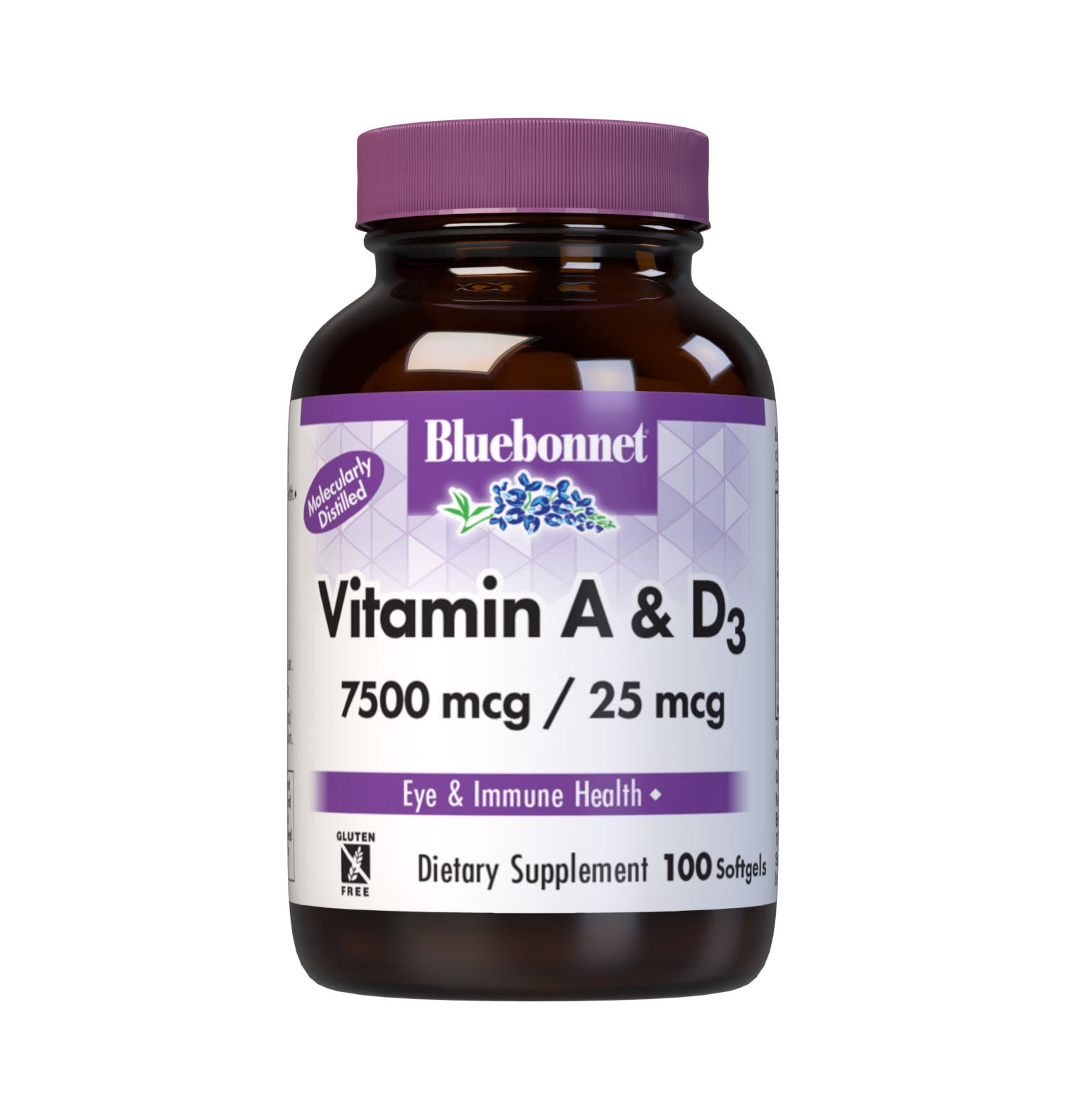 Bluebonnet’s Vitamin A 7500 mcg & D3 25 mcg 100 Softgels are formulated with vitamin A and vitamin D3 (cholecalciferol) that supports eye health and immune function from deep sea, cold water, fish liver oil and are molecularly distilled. #size_100 count