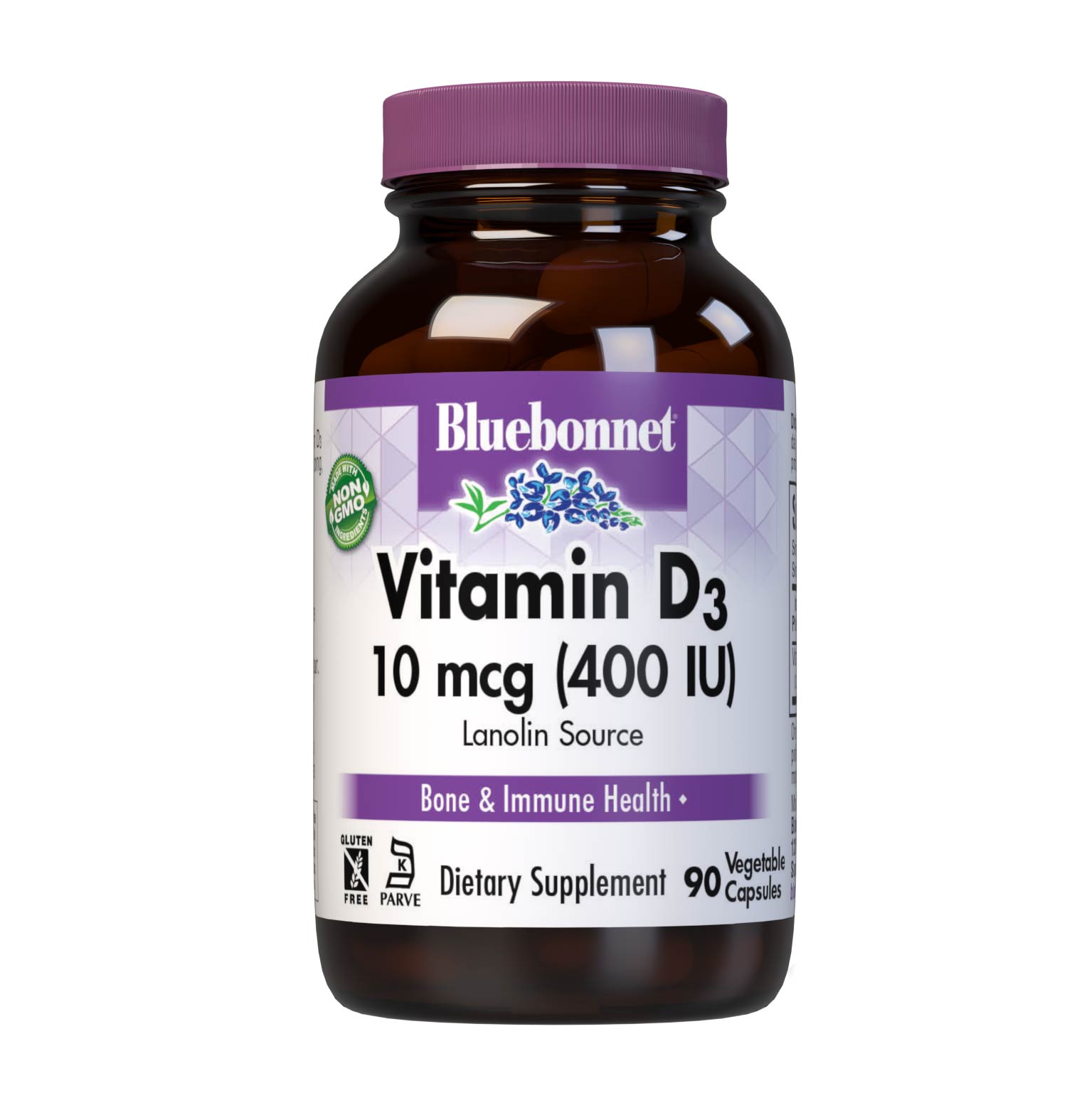Bluebonnet’s Vitamin D3 10 mcg (400 IU) 90 Vegetable Capsules are formulated with vitamin D3 (cholecalciferol) from lanolin to help support strong, healthy bones and immune function. #size_90 count