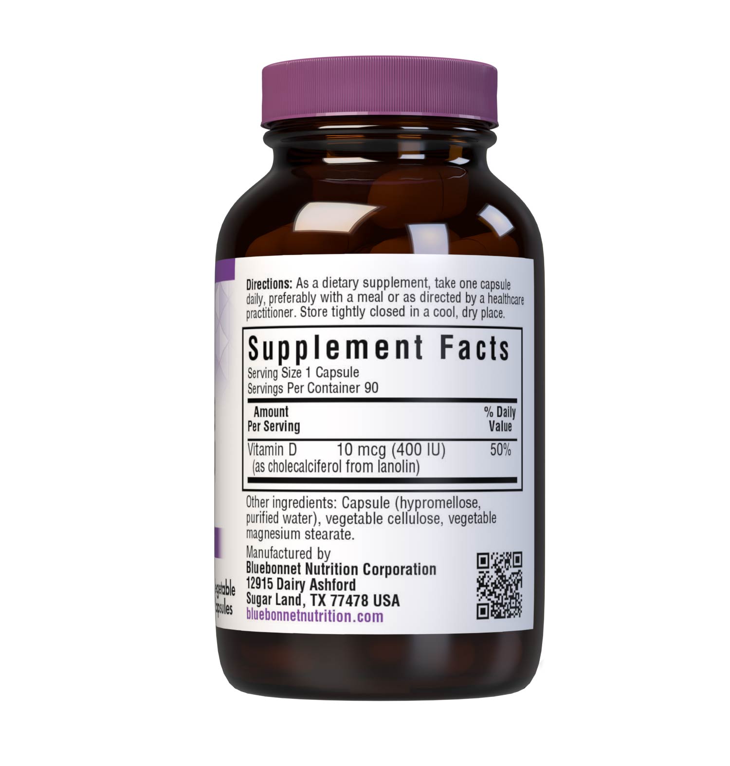 Bluebonnet’s Vitamin D3 10 mcg (400 IU) 90 Vegetable Capsules are formulated with vitamin D3 (cholecalciferol) from lanolin to help support strong, healthy bones and immune function. Supplement facts panel. #size_90 count