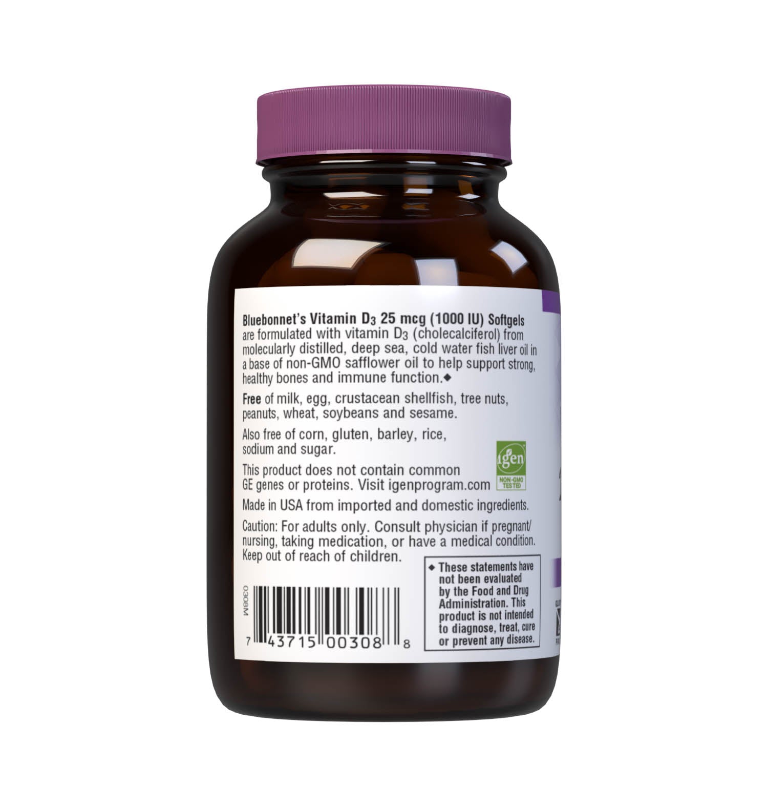 Bluebonnet’s Vitamin D3 1000 IU (25 mcg) 100 Softgels are formulated with vitamin D3 (cholecalciferol) that supports strong healthy bones and immune function from molecularly distilled, deep sea, cold water, fish liver oil in a base of non-GMO safflower oil. Description panel. #size_100 count