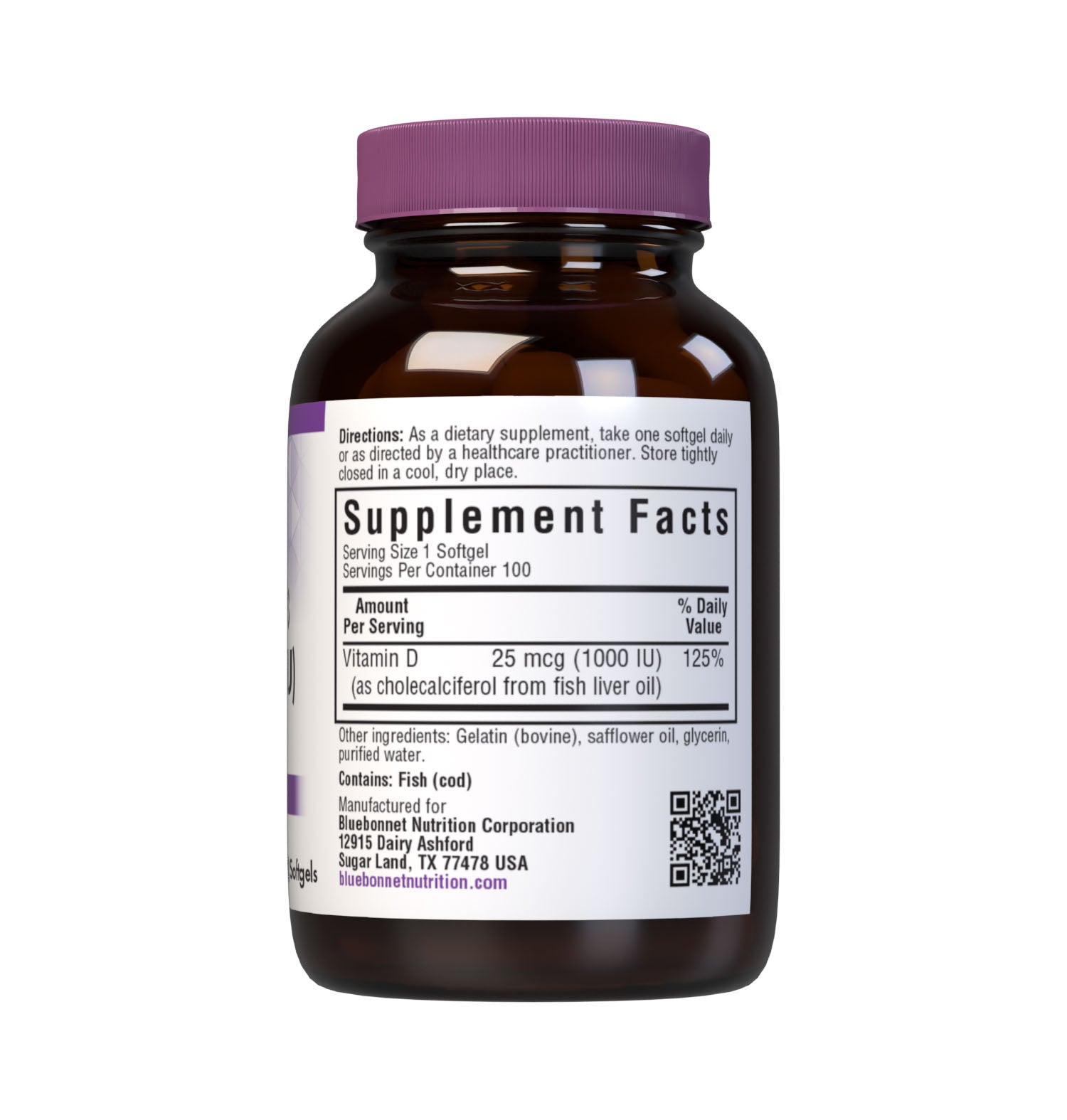 Bluebonnet’s Vitamin D3 1000 IU (25 mcg) 100 Softgels are formulated with vitamin D3 (cholecalciferol) that supports strong healthy bones and immune function from molecularly distilled, deep sea, cold water, fish liver oil in a base of non-GMO safflower oil. supplement facts panel. #size_100 count