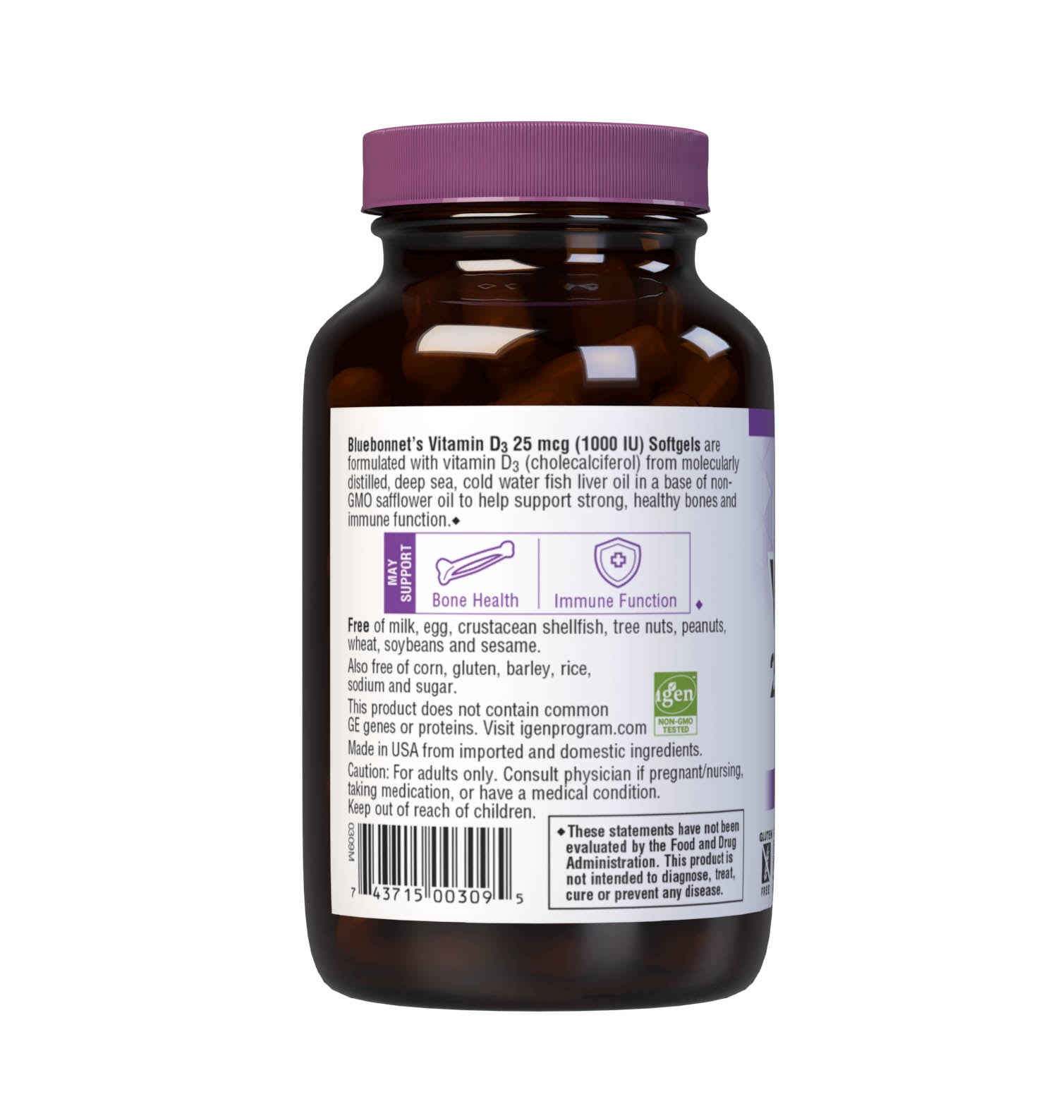 Bluebonnet’s Vitamin D3 1000 IU (25 mcg) 250 Softgels are formulated with vitamin D3 (cholecalciferol) that supports strong healthy bones and immune function from molecularly distilled, deep sea, cold water, fish liver oil in a base of non-GMO safflower oil. Description panel. #size_250 count