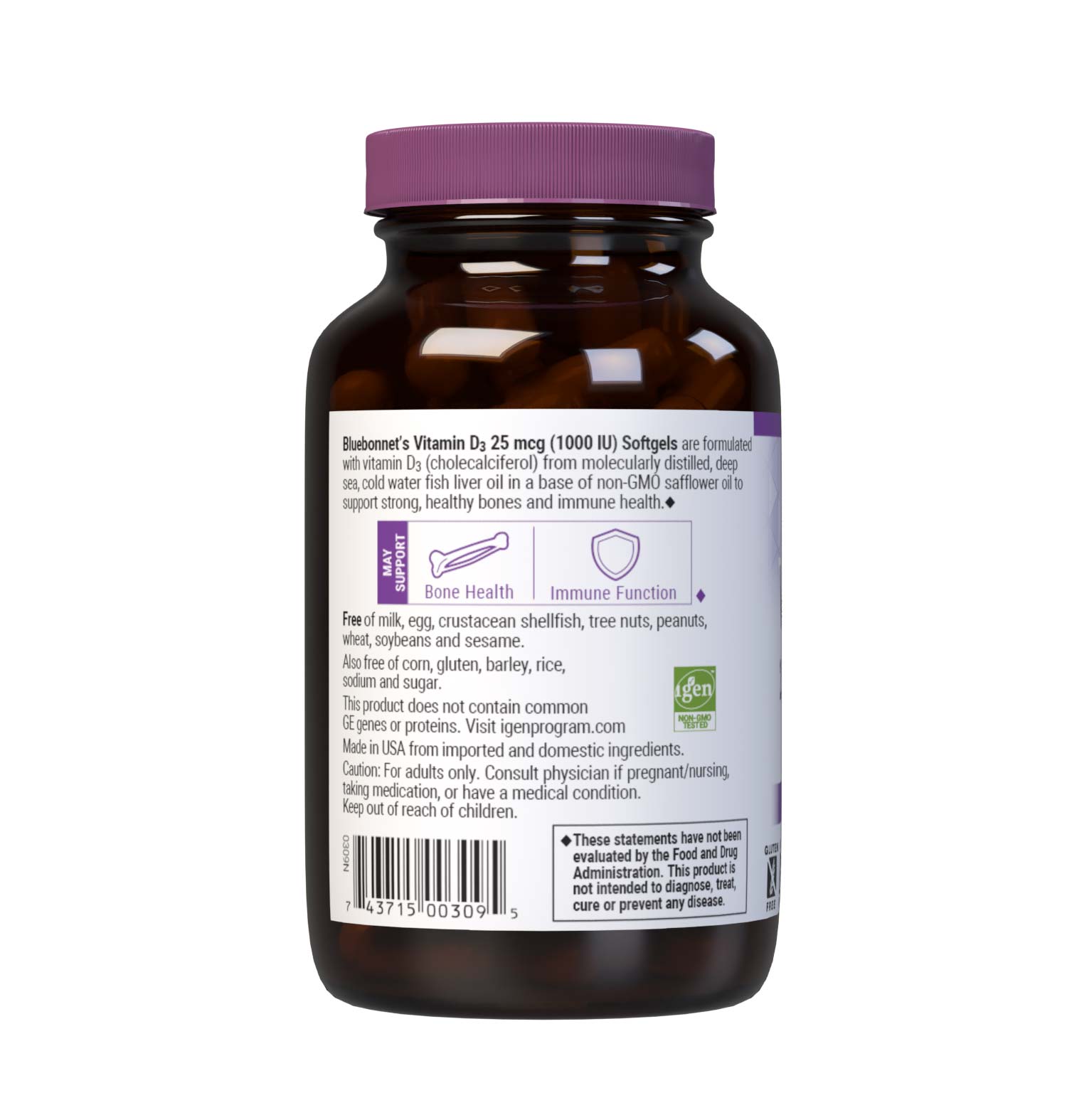 Bluebonnet’s Vitamin D3 1000 IU (25 mcg) 250 Softgels are formulated with vitamin D3 (cholecalciferol) that supports strong healthy bones and immune function from molecularly distilled, deep sea, cold water, fish liver oil in a base of non-GMO safflower oil. Description panel. #size_250 count