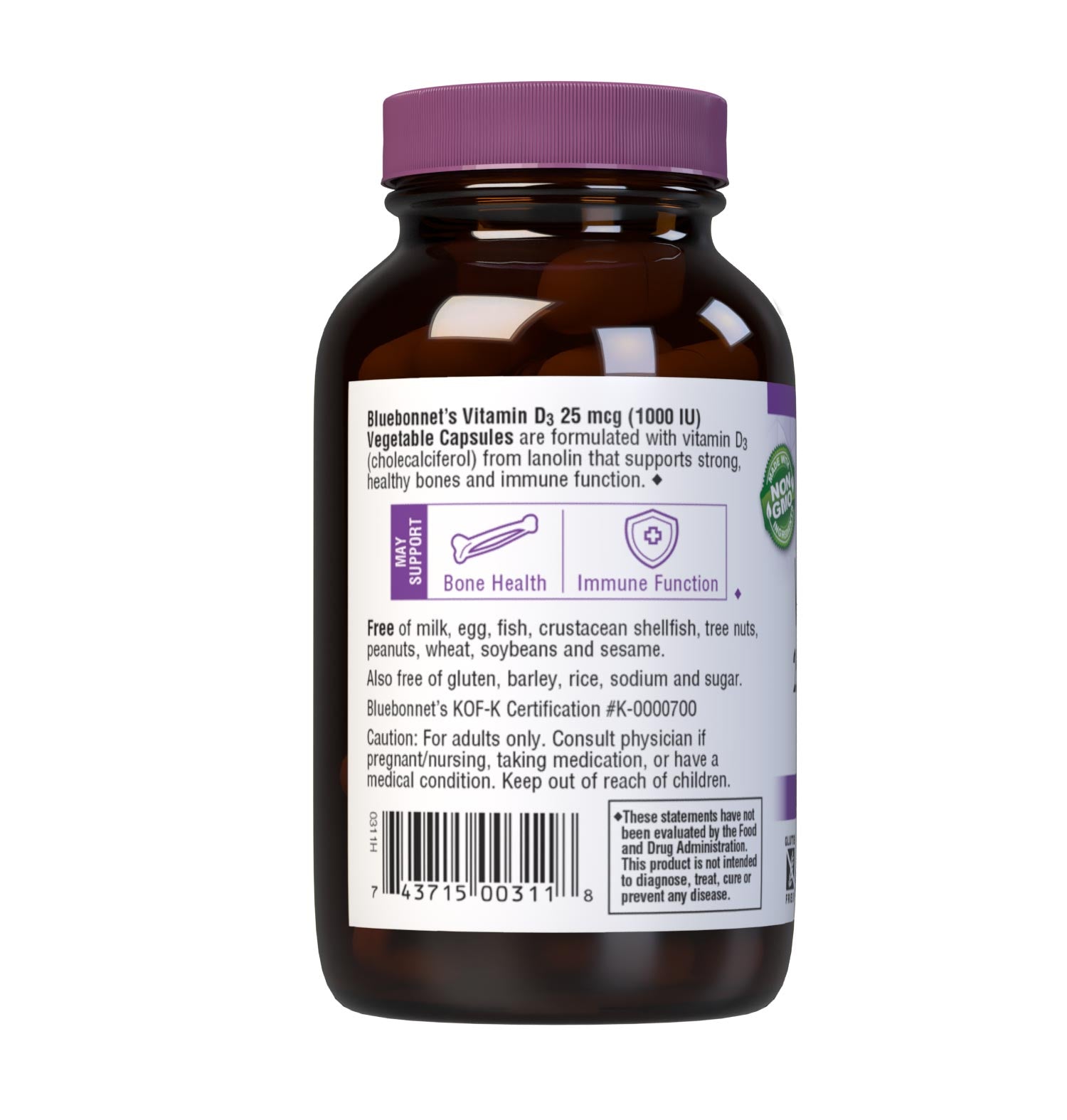 Bluebonnet’s Vitamin D3 1000 IU (25 mcg) Vegetable Capsules are formulated with vitamin D3 (cholecalciferol) from lanolin that supports strong healthy bones and immune function. Description panel. #size_90 count