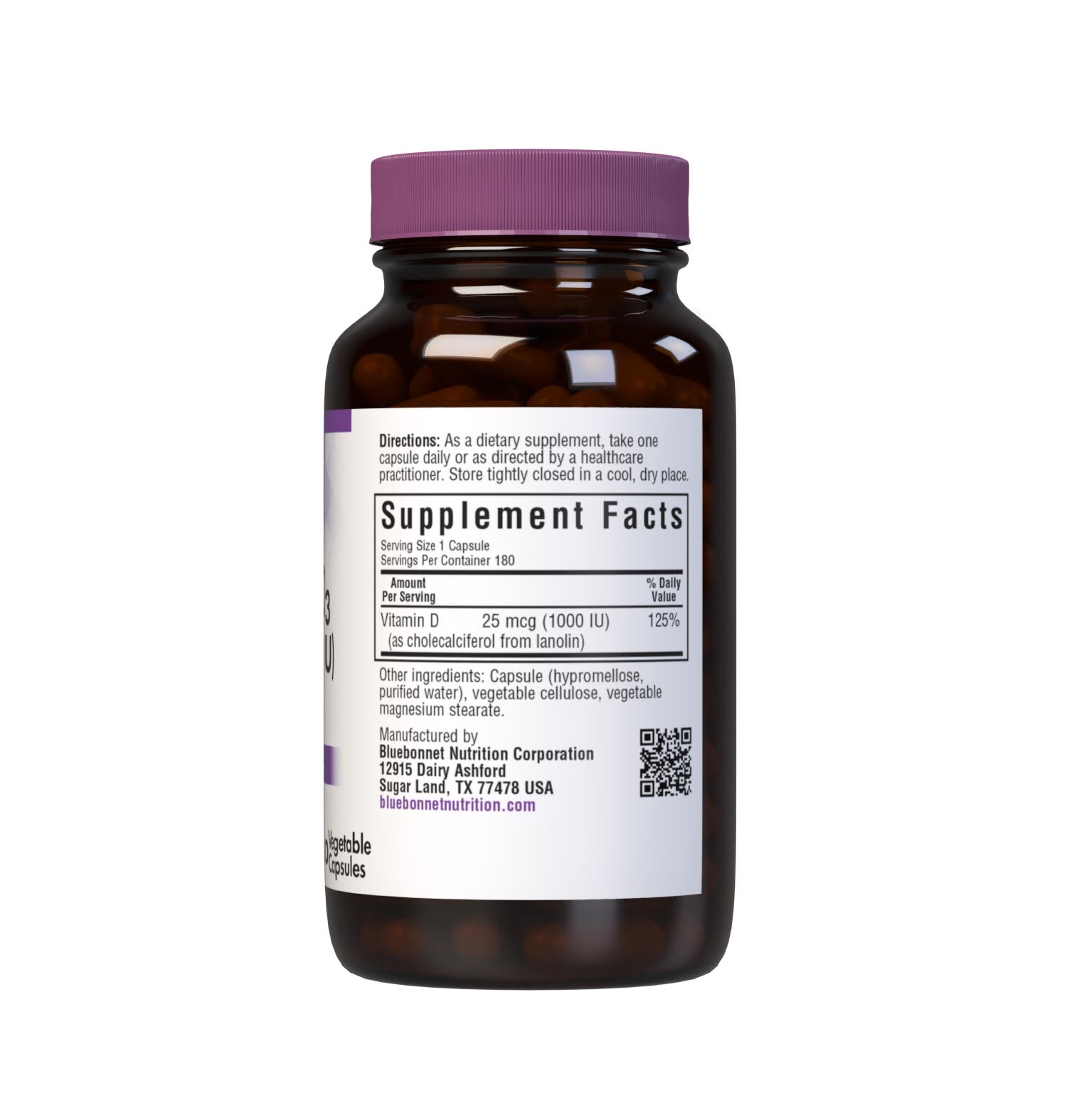 Bluebonnet’s Vitamin D3 1000 IU (25 mcg) Vegetable Capsules are formulated with vitamin D3 (cholecalciferol) from lanolin that supports strong healthy bones and immune function. Supplement facts panel. #size_180 count