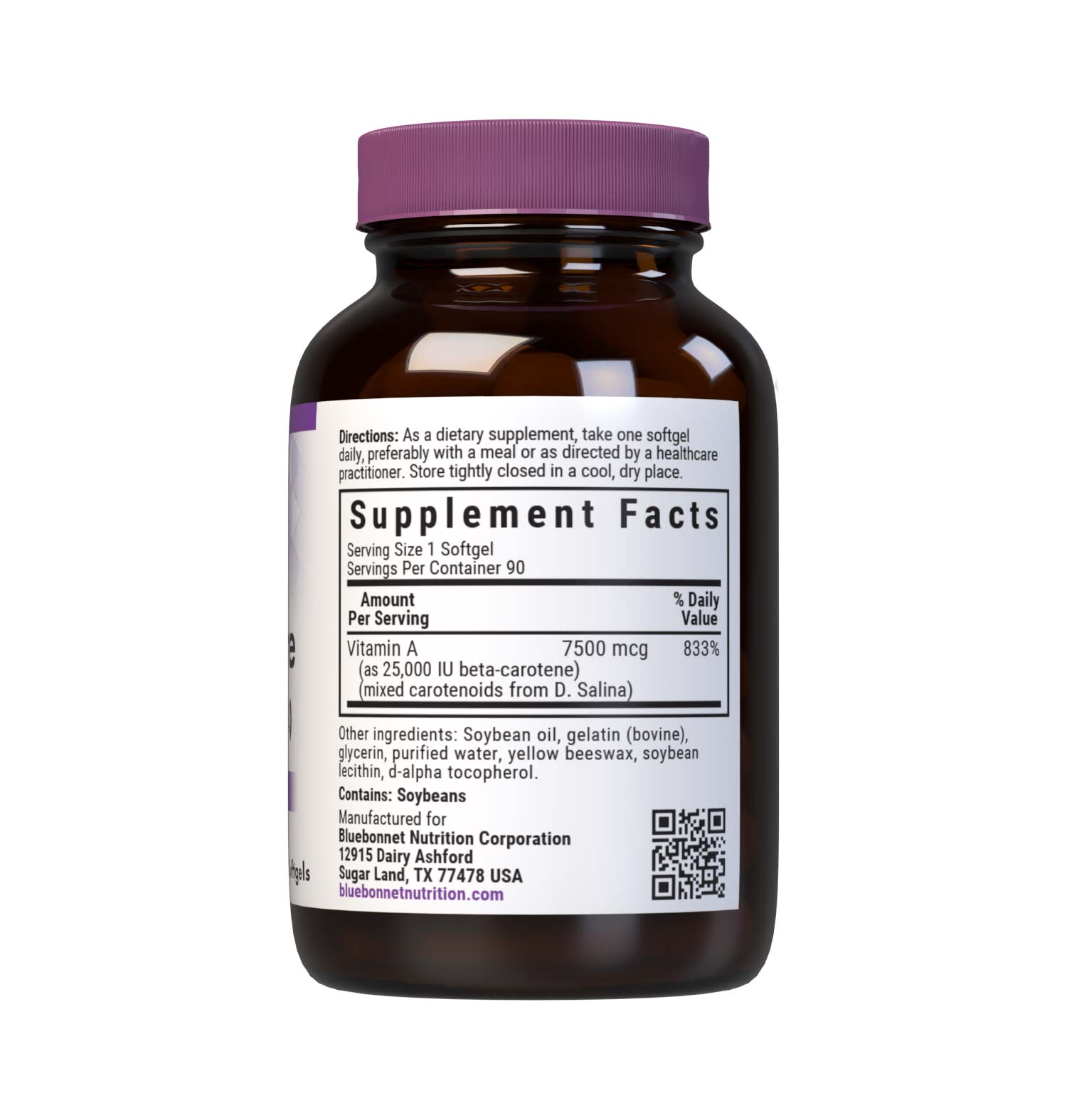 Bluebonnet’s D. Salina Beta-Carotene 25,000 IU (3750 mcg) Softgels are formulated for eye health and immune support with Betatene, a source of beta-carotene along with other mixed carotenoids including alpha-carotene, zeaxanthin, lutein and cryptoxanthin from the algae Dunaliella salina harvested in the crystal clean lakes of Whyalla, Australia. Supplement facts panel. #size_90 count