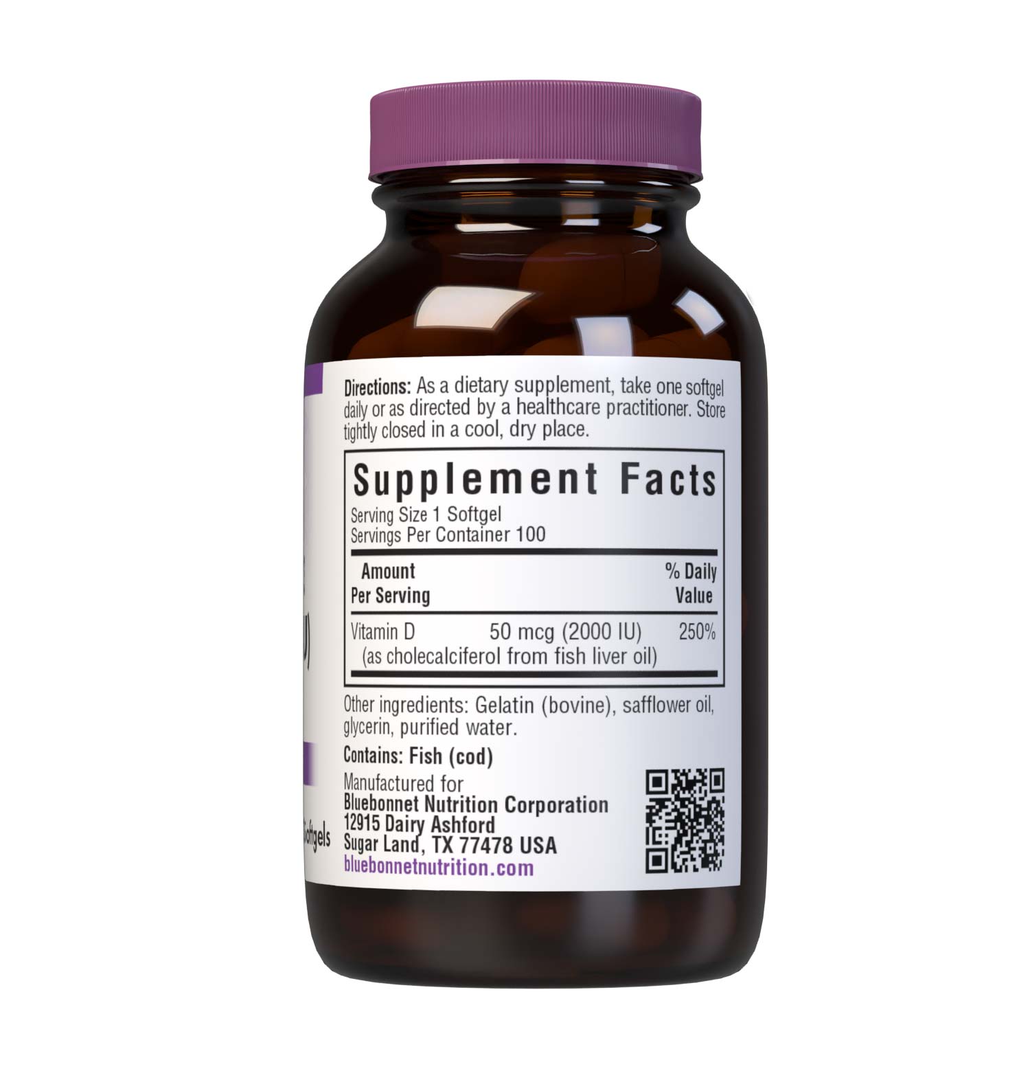 Bluebonnet’s Vitamin D3 50 mcg (2000 IU) Softgels are formulated with vitamin D3 (cholecalciferol) that supports strong healthy bones and immune function from molecularly distilled, deep sea, cold water, fish liver oil in a base of non-GMO safflower oil. Supplement facts panel. #size_100 count