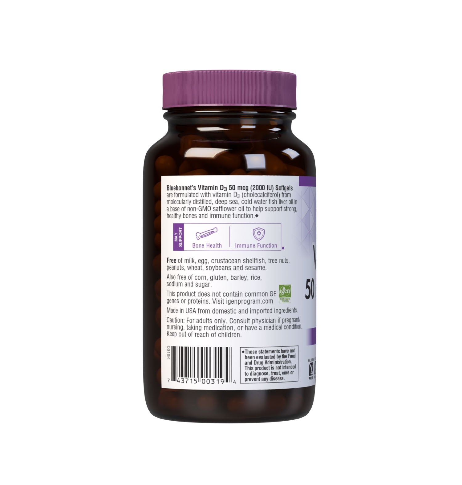 Bluebonnet’s Vitamin D3 50 mcg (2000 IU) Softgels are formulated with vitamin D3 (cholecalciferol) that supports strong healthy bones and immune function from molecularly distilled, deep sea, cold water, fish liver oil in a base of non-GMO safflower oil. Description panel. #size_250 count