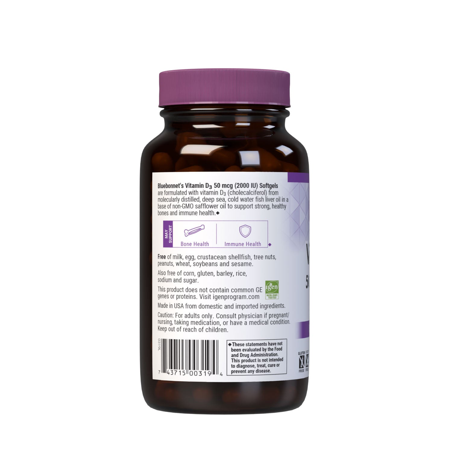 Bluebonnet’s Vitamin D3 50 mcg (2000 IU) Softgels are formulated with vitamin D3 (cholecalciferol) that supports strong healthy bones and immune function from molecularly distilled, deep sea, cold water, fish liver oil in a base of non-GMO safflower oil. Description panel. #size_250 count