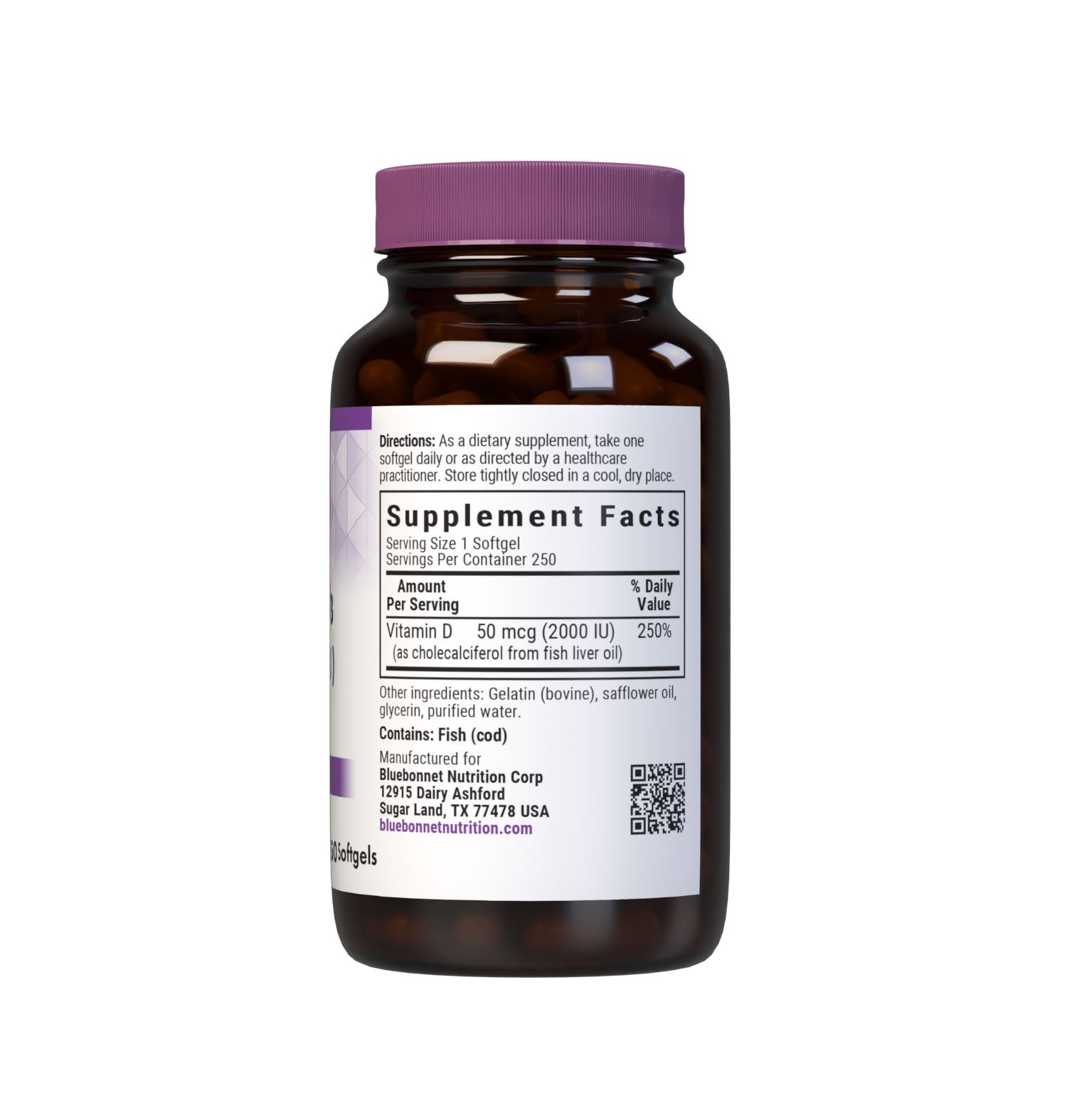 Bluebonnet’s Vitamin D3 50 mcg (2000 IU) Softgels are formulated with vitamin D3 (cholecalciferol) that supports strong healthy bones and immune function from molecularly distilled, deep sea, cold water, fish liver oil in a base of non-GMO safflower oil. Supplement facts panel. #size_250 count