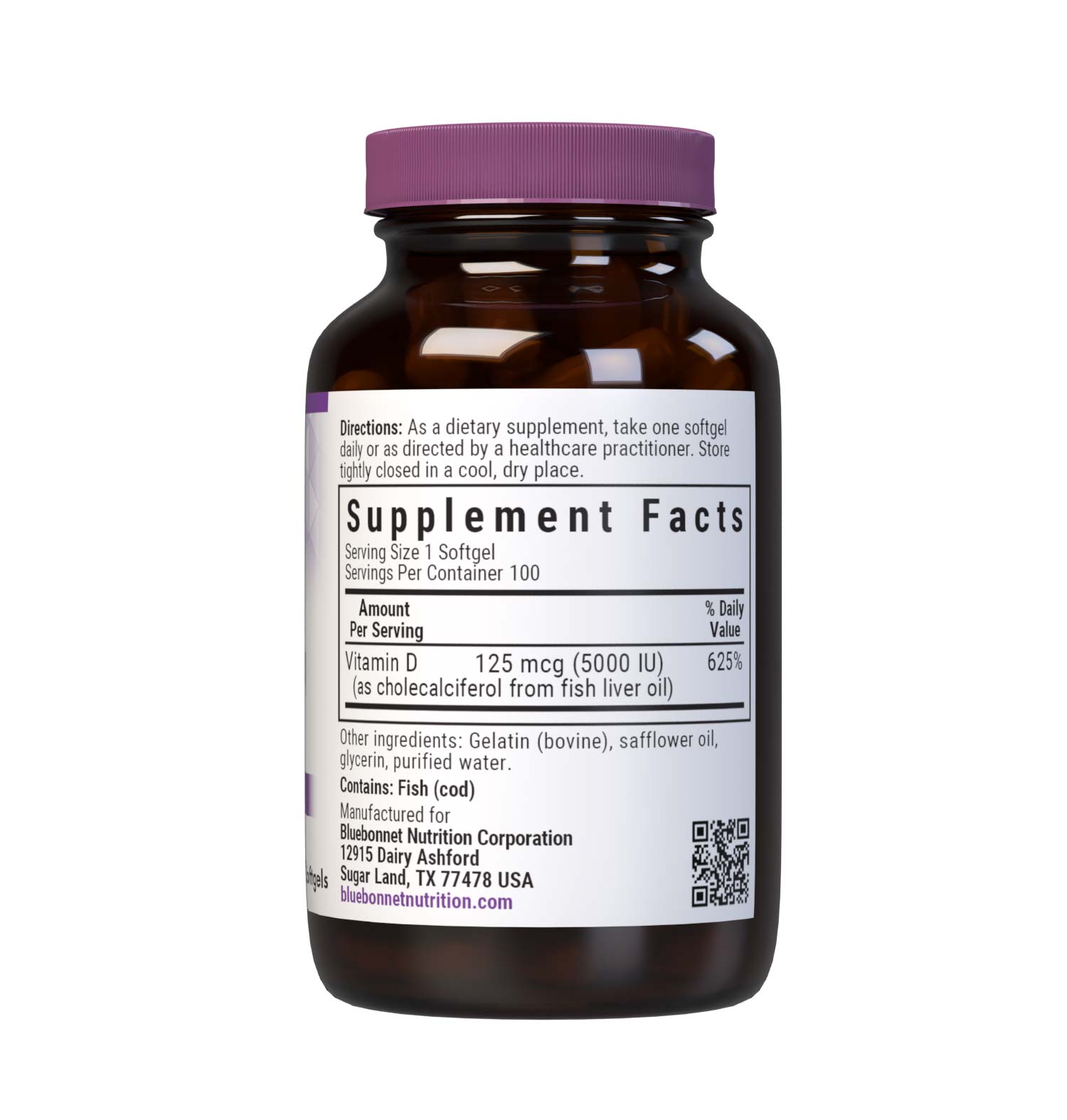 Bluebonnet’s Vitamin D3 125 mcg (5000 IU) Softgels are formulated with vitamin D3 (cholecalciferol) that supports strong healthy bones and immune function from molecularly distilled, deep sea, cold water, fish liver oil in a base of non-GMO safflower oil. Supplement facts panel. #size_100 count