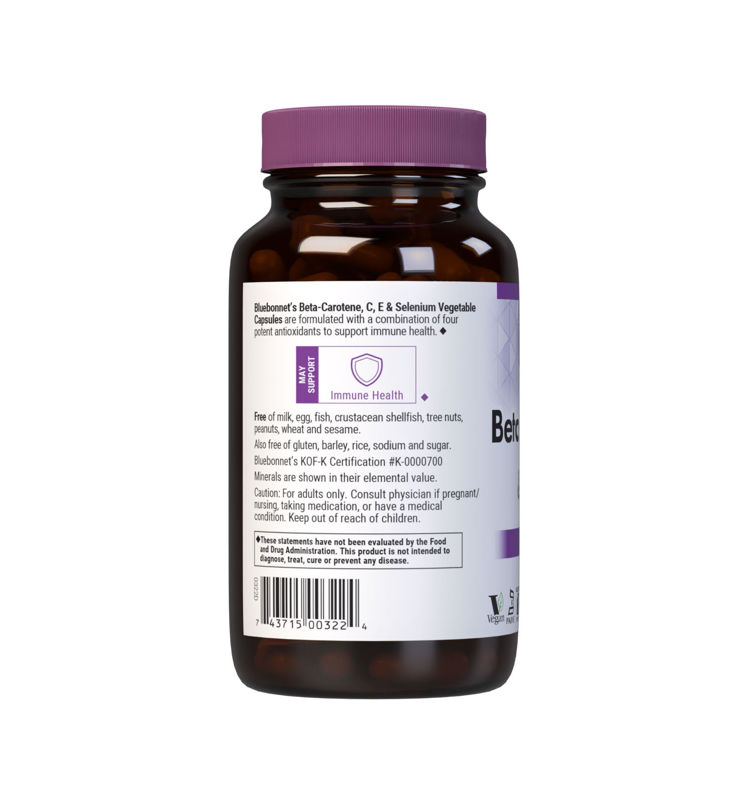 Bluebonnet’s Beta-Carotene, C, E and Selenium 120 Vegetable Capsules are specially formulated with a combination of four potent antioxidants: beta-carotene that provides mixed provitamin A carotenoids (gamma carotene and beta-zeacarotene), vitamin C from L-ascorbic acid, d-alpha vitamin E and yeast-free selenomethionine. Description panel. #size_120 count