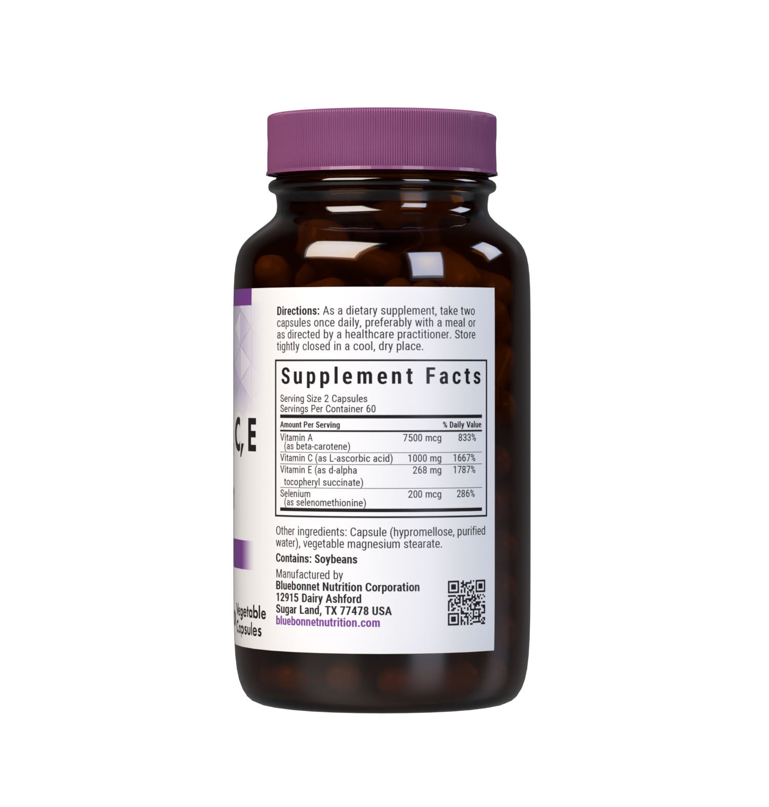 Bluebonnet’s Beta-Carotene, C, E and Selenium 120 Vegetable Capsules are specially formulated with a combination of four potent antioxidants: beta-carotene that provides mixed provitamin A carotenoids (gamma carotene and beta-zeacarotene), vitamin C from L-ascorbic acid, d-alpha vitamin E and yeast-free selenomethionine. Supplement facts panel. #size_120 count
