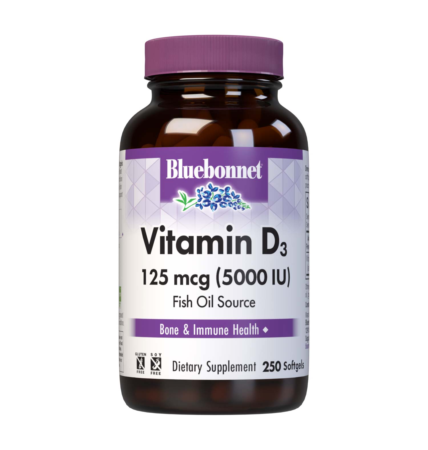 Bluebonnet’s Vitamin D3 125 mcg (5000 IU) 250 Softgels are formulated with vitamin D3 (cholecalciferol) that supports strong healthy bones and immune function from molecularly distilled, deep sea, cold water, fish liver oil in a base of non-GMO safflower oil. #size_250 count