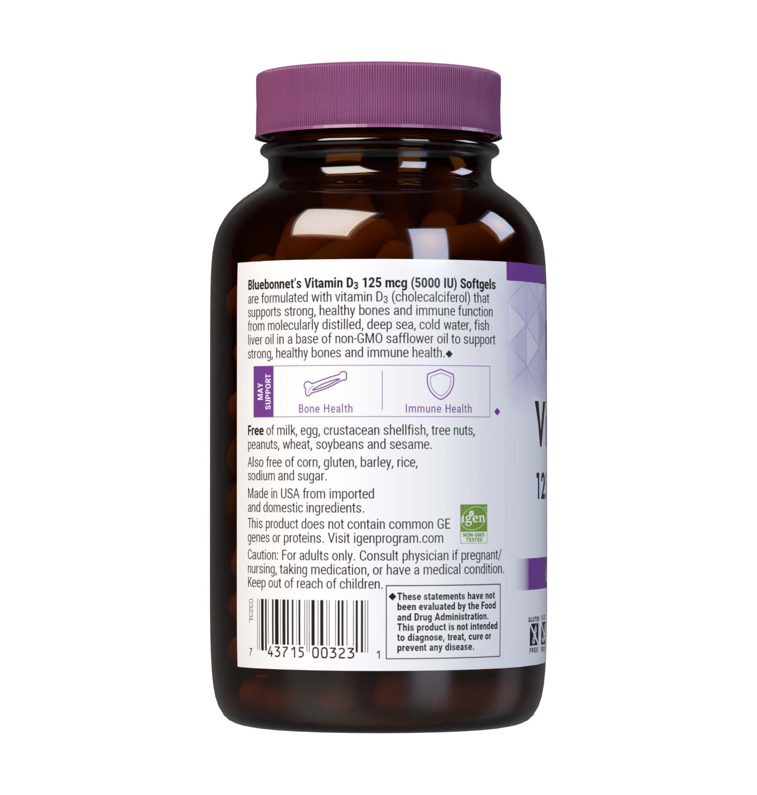 Bluebonnet’s Vitamin D3 125 mcg (5000 IU) 250 Softgels are formulated with vitamin D3 (cholecalciferol) that supports strong healthy bones and immune function from molecularly distilled, deep sea, cold water, fish liver oil in a base of non-GMO safflower oil. Description panel. #size_250 count