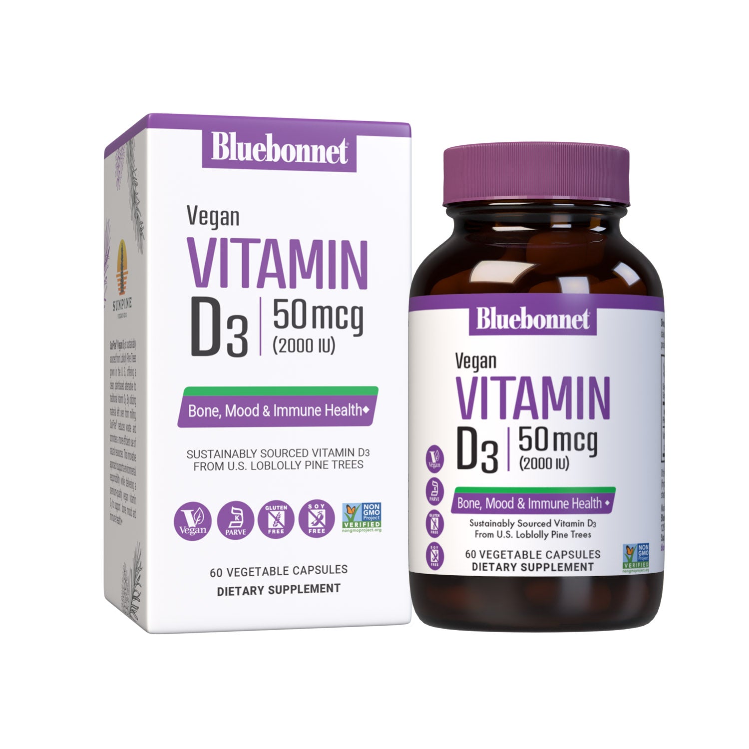 Vegan Vitamin D3 50 mcg (2000 iu) from SunPine from US Loblolly Pine Trees, 60 vegetable capsules. Bottle with box shot. #size_60 count