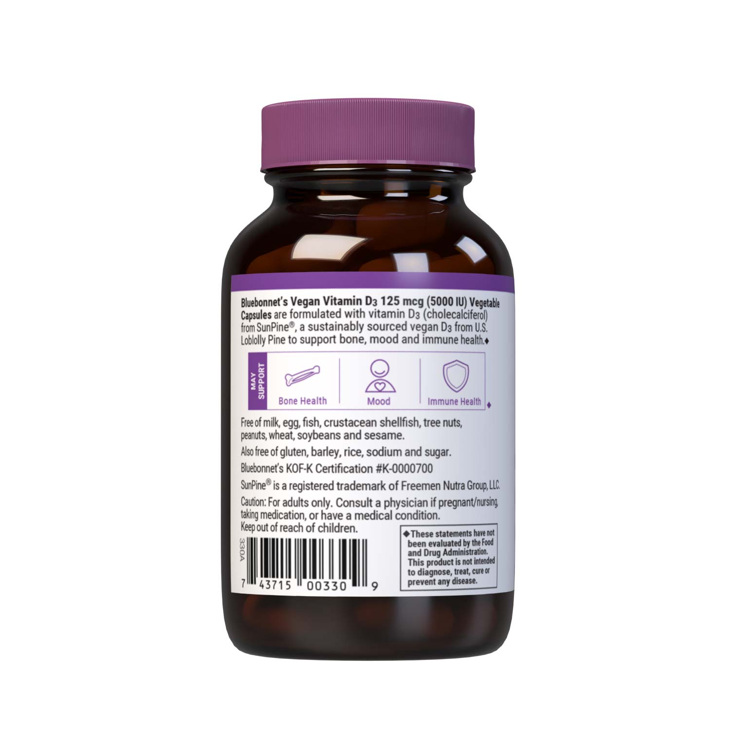 Vegan Vitamin D3 125 mcg (5000 iu) from SunPine from US Loblolly Pine Trees, 60 vegetable capsules. description panel. #size_60 count