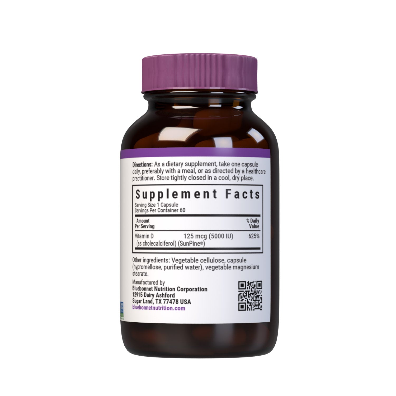 Vegan Vitamin D3 125 mcg (5000 iu) from SunPine from US Loblolly Pine Trees, 60 vegetable capsules. supplement facts panel. #size_60 count