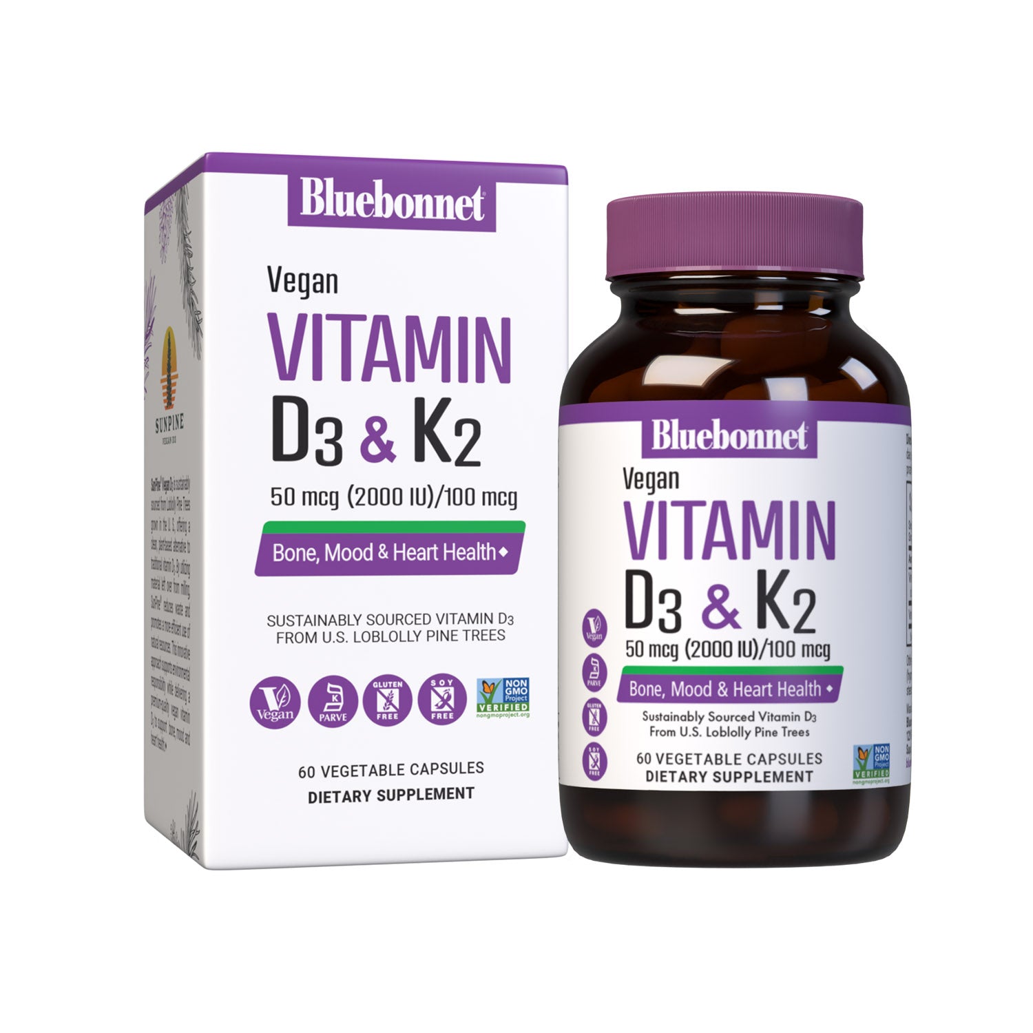 Vegan Vitamin D3 50 mcg (2000 iu) from SunPine from US Loblolly Pine Trees and 100 mcg of K2 (MK-7) from natto, 60 vegetable capsules. bottle with box product shot. #size_60 count
