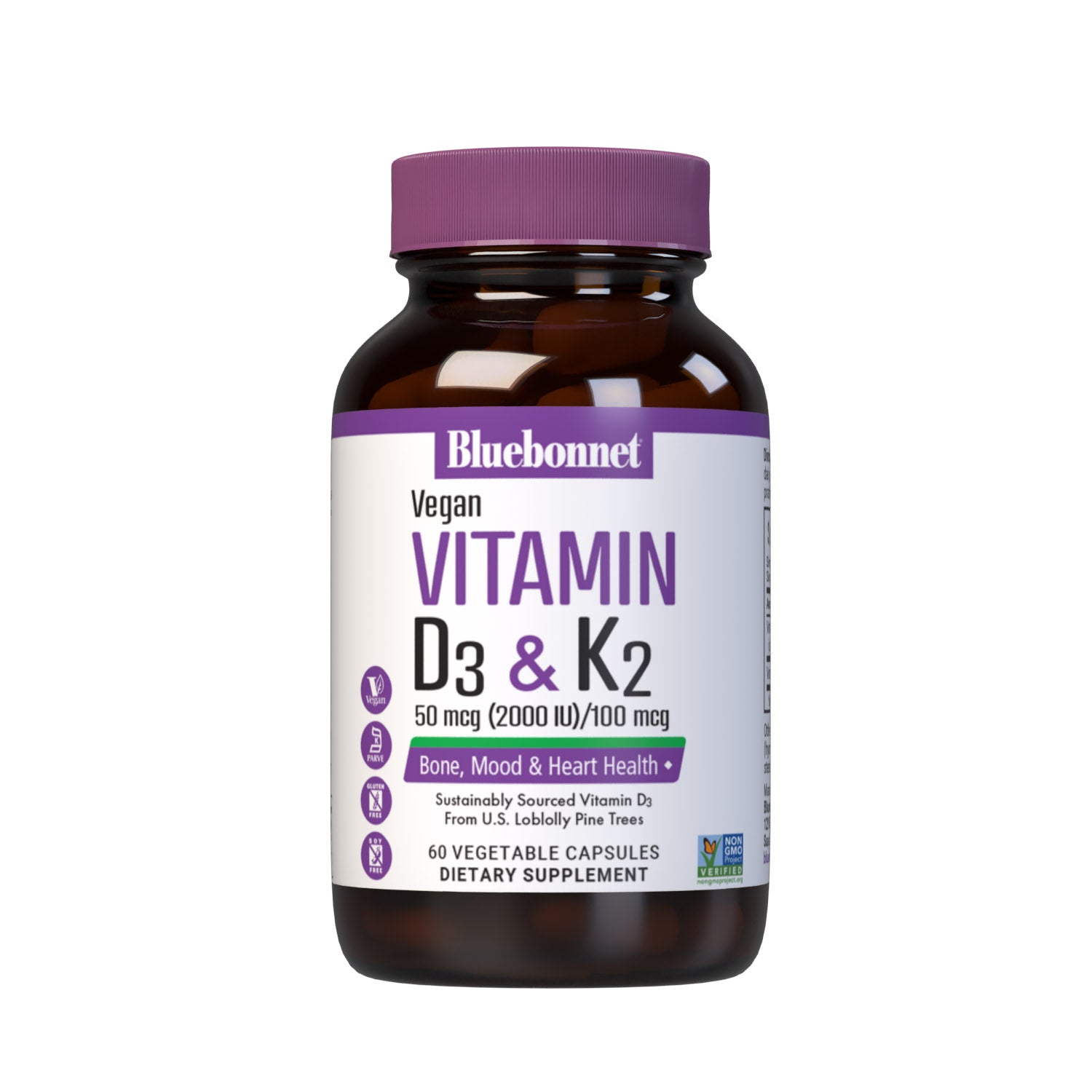 Vegan Vitamin D3 50 mcg (2000 iu) from SunPine from US Loblolly Pine Trees and 100 mcg of K2 (MK-7) from natto, 60 vegetable capsules. #size_60 count